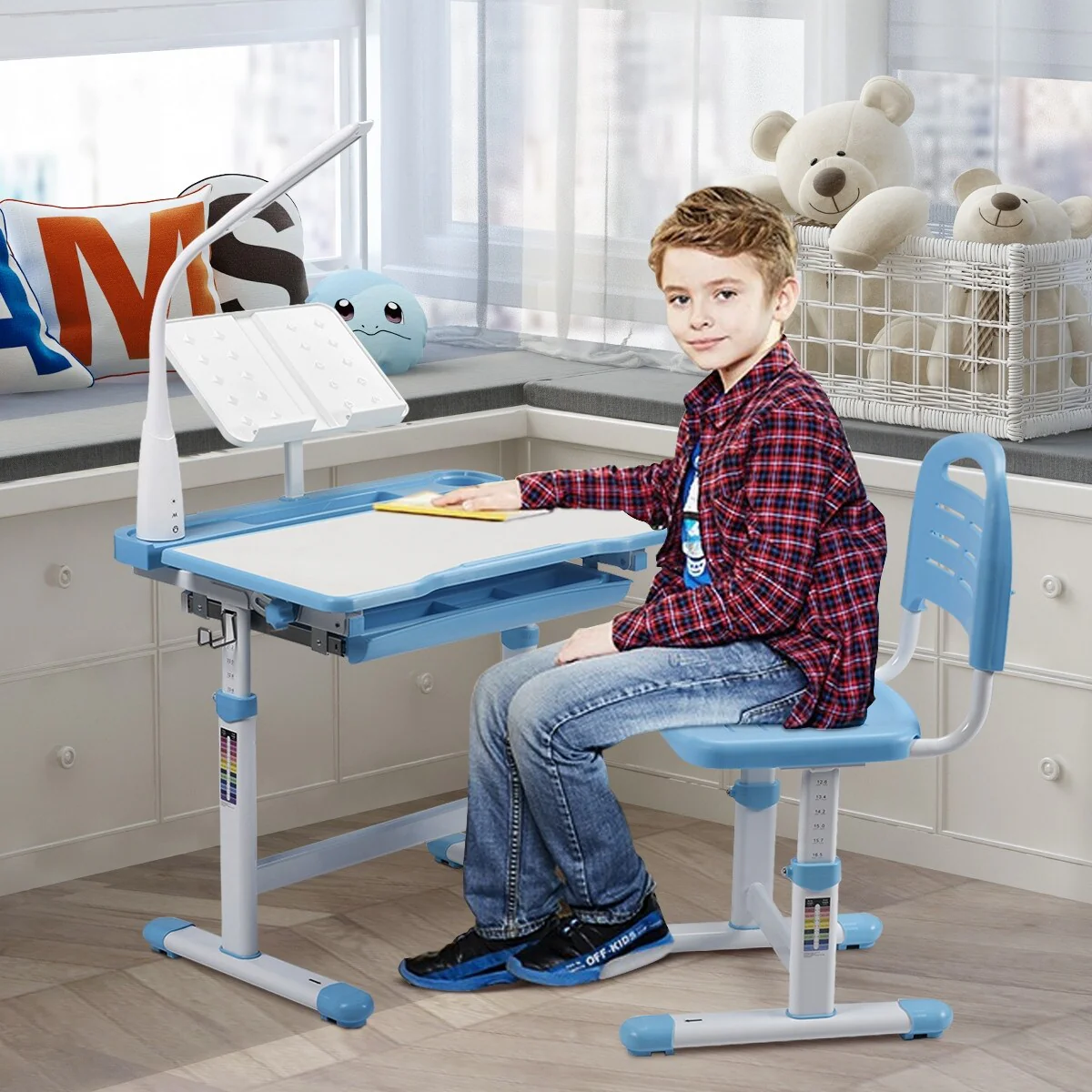 Adjustable Children Desk&Chair Set,LED Light,Drawer Storage,Metal Hook