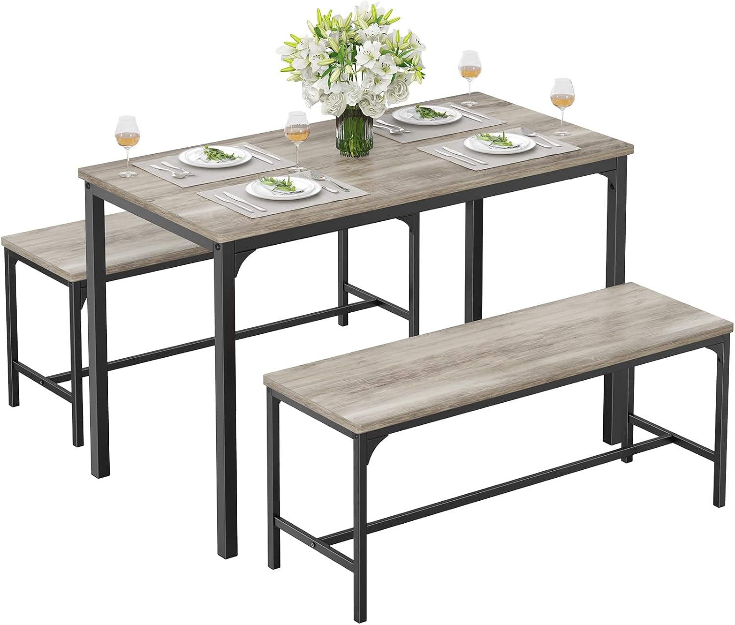 DUMOS Dining Table Set, Dining Table for 4 with Bench,Kitchen Table, Space-Saving Ideal 4-Person Set for Dining Room Kitchen Apartment Corner Grey 3 Pack