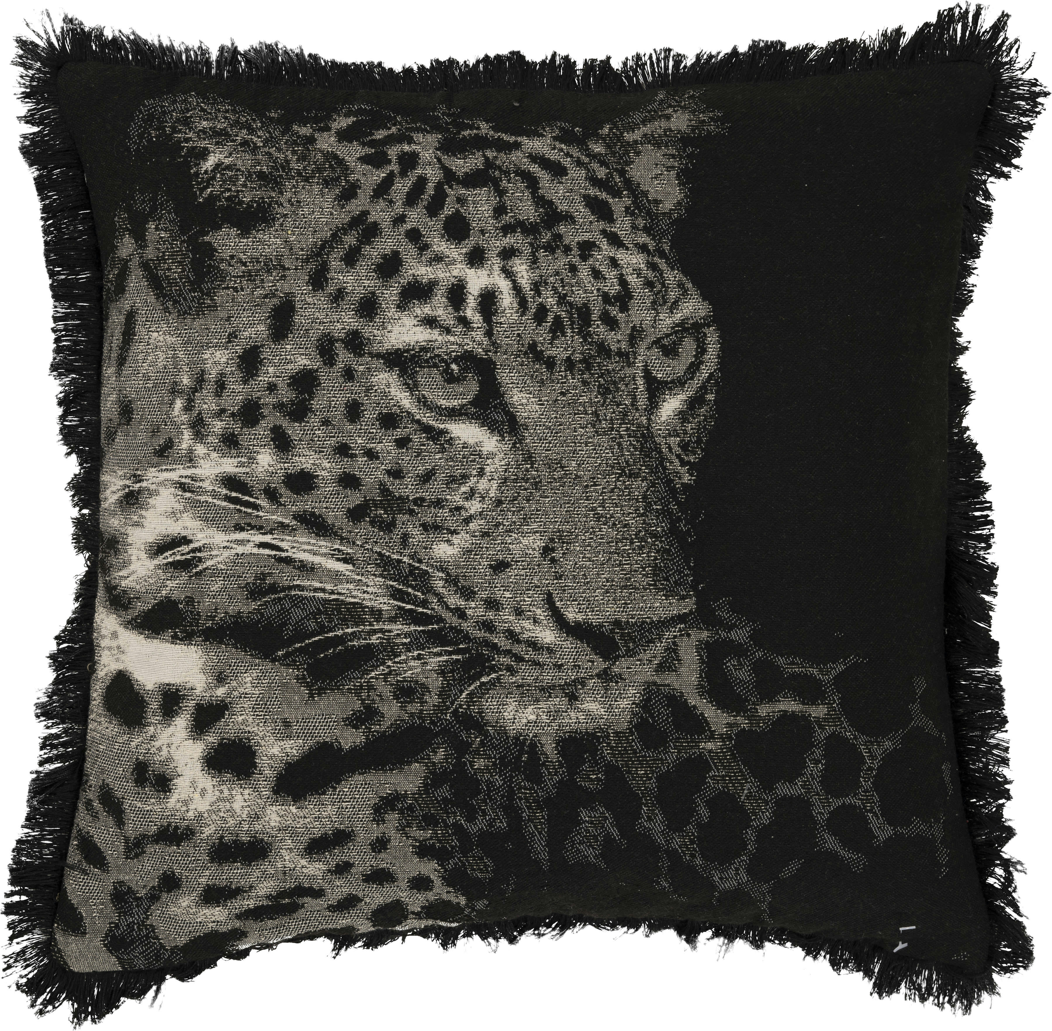 AFRICANO - Housse de coussin jacquard à franges motif léopard noir - 45x45
