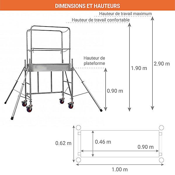 Echafaudage roulant acier : Hauteur de travail maximale de 2.90m - 12538