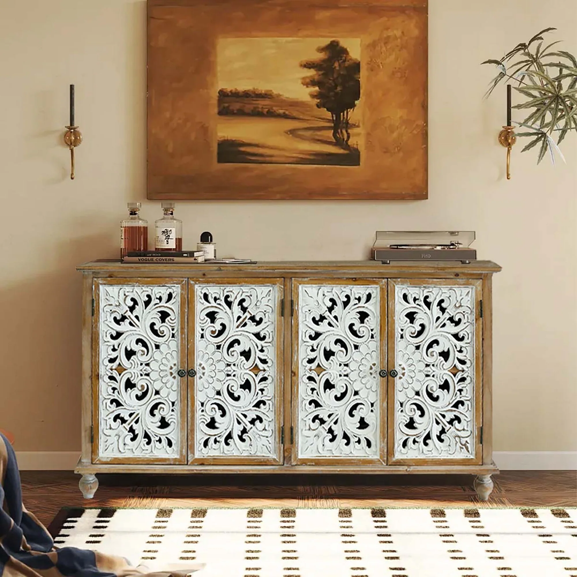 Accent Cabinet with 4 Doors, Sideboard Buffet Cabinet with Storage, Credenza Storage Cabinet with Wood Carved Floral Doors