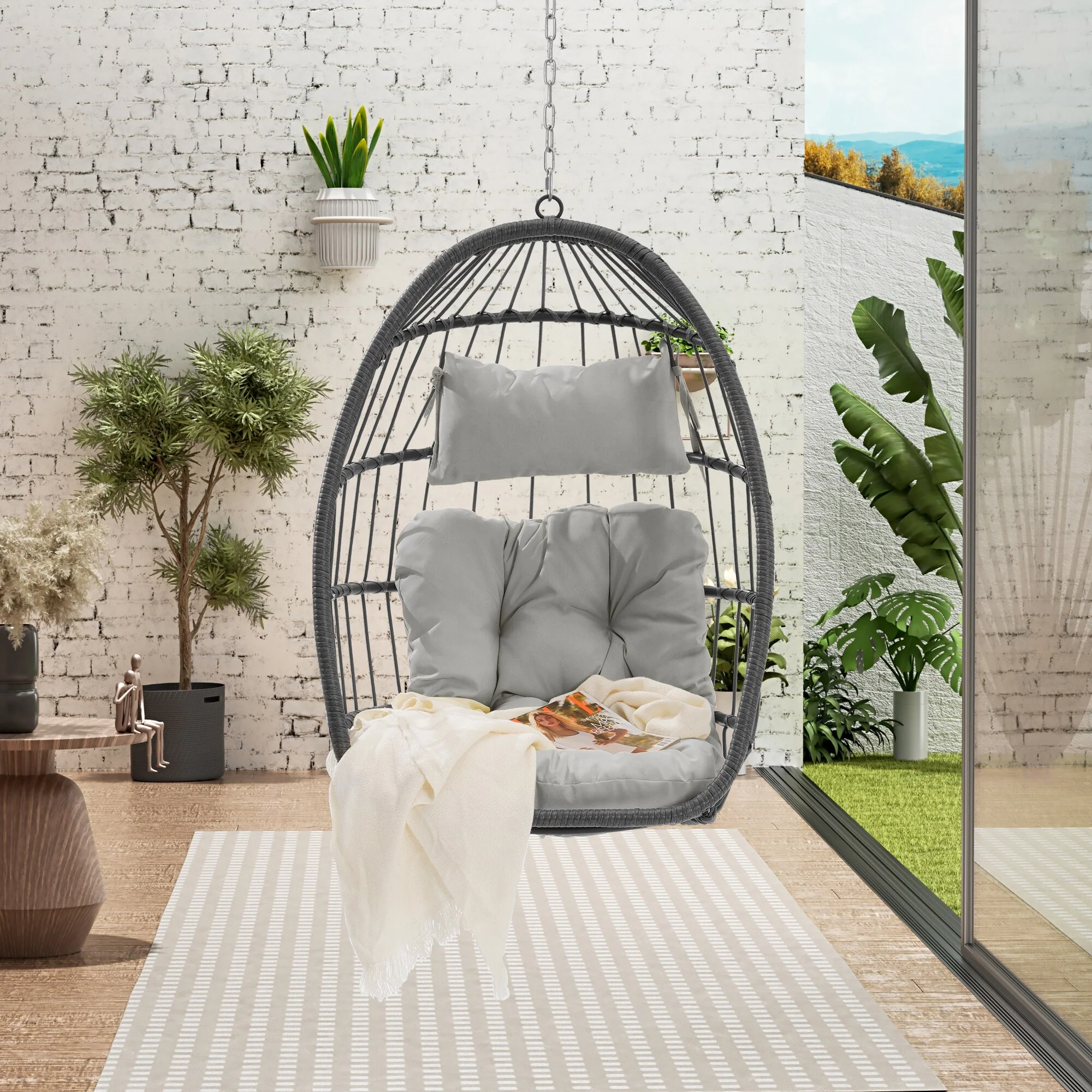 PE Rattan Egg Hanging Chair with Cushion