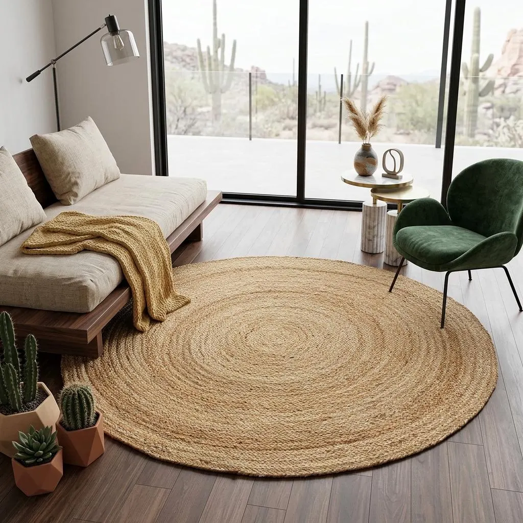 4x4 Ft Round Jute Rug, Handwoven Natural Jute Carpet, Reversible Braided Area Rug, Boho Farmhouse Accent Mat for Living Room