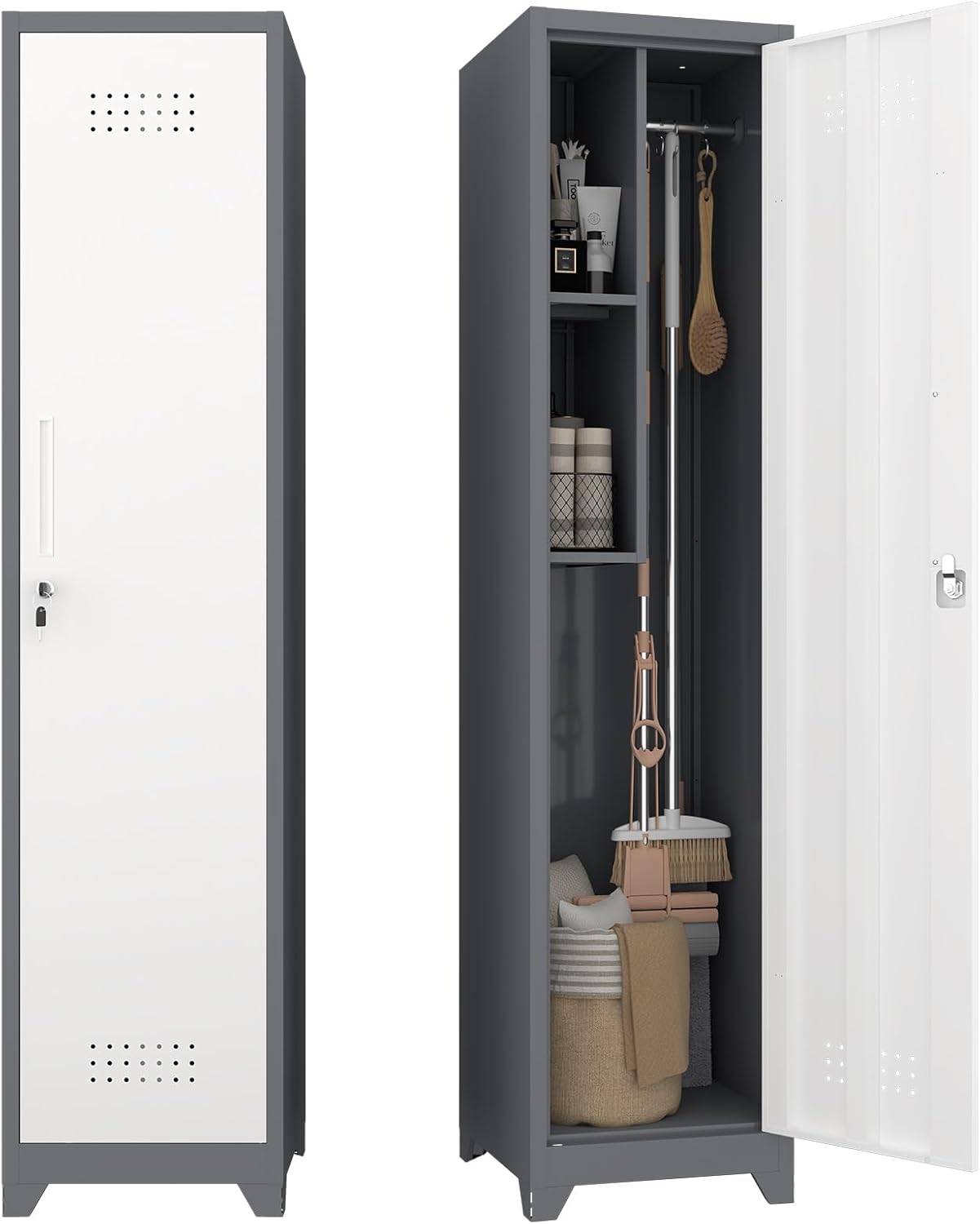 Metal Garage Storage Cabinet,Broom Closet Storage Cabinet,Utility Closet Cabinet for Garage,Office,Gym,Grey-White