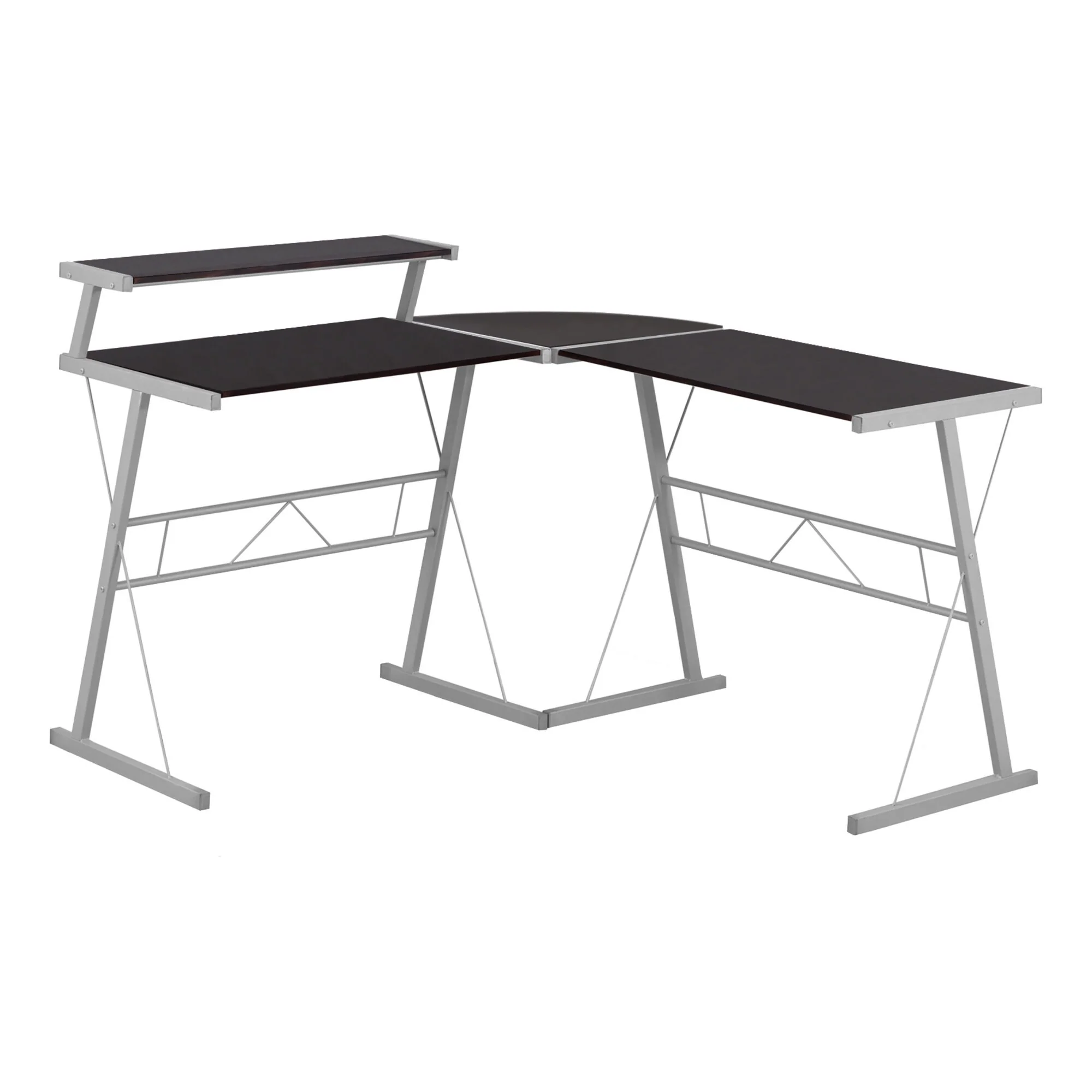 Dark Brown Wood L-Shaped Computer Desk with Silver Metal Base, Glossy Finish
