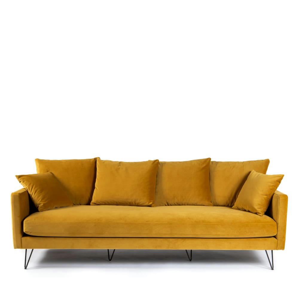 VILLABON - Canapé 4 places en velours pieds épingles noirs jaune moutarde