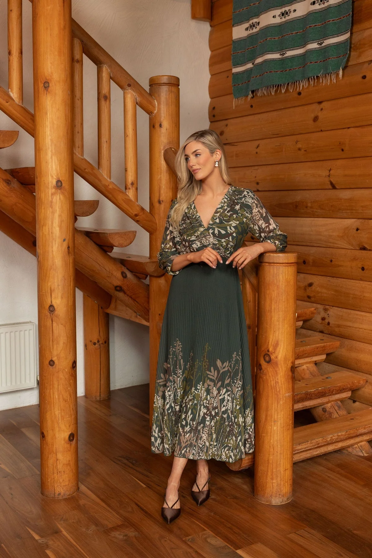 Printed Hannah Midi Dress in Khaki