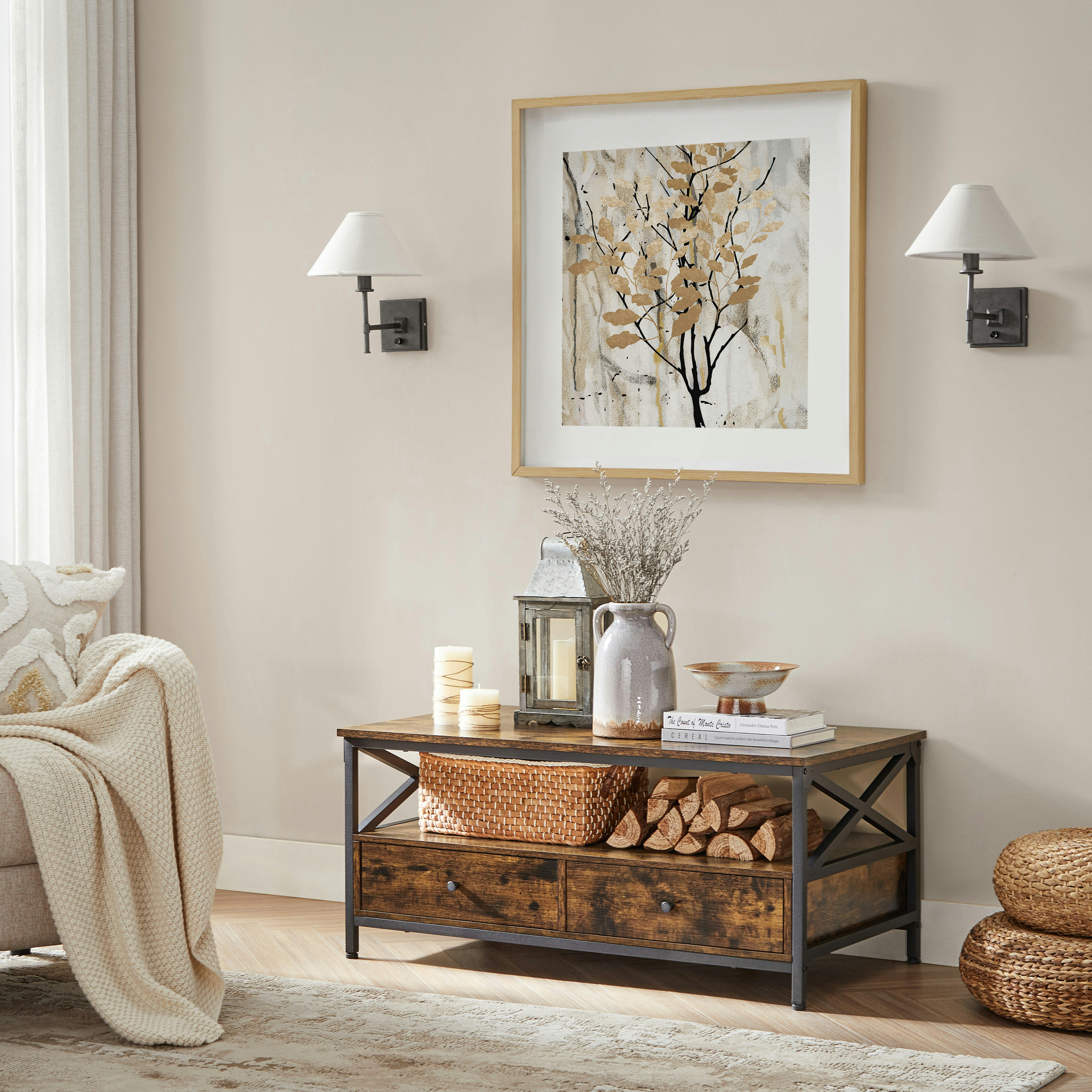 - Table basse effet bois acier marron rustique et noir