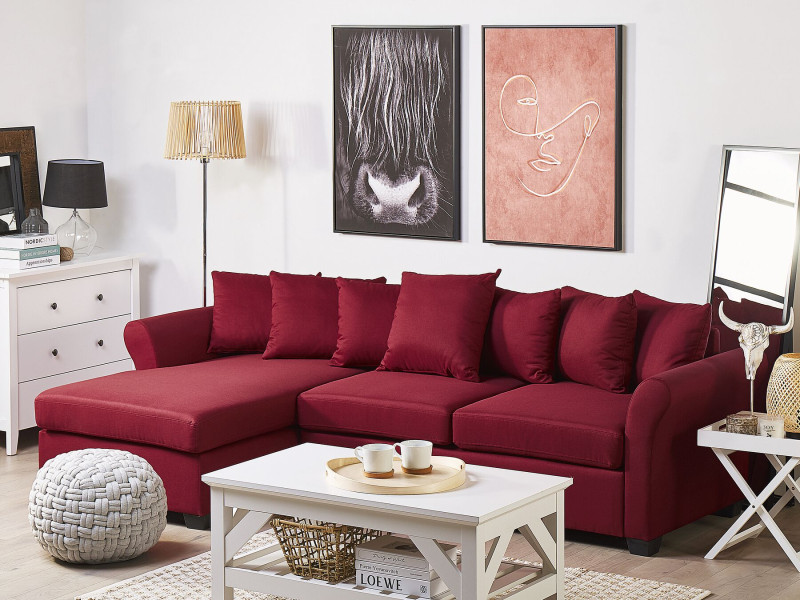Sofa narożna ciemnoczerwona z poduszkami