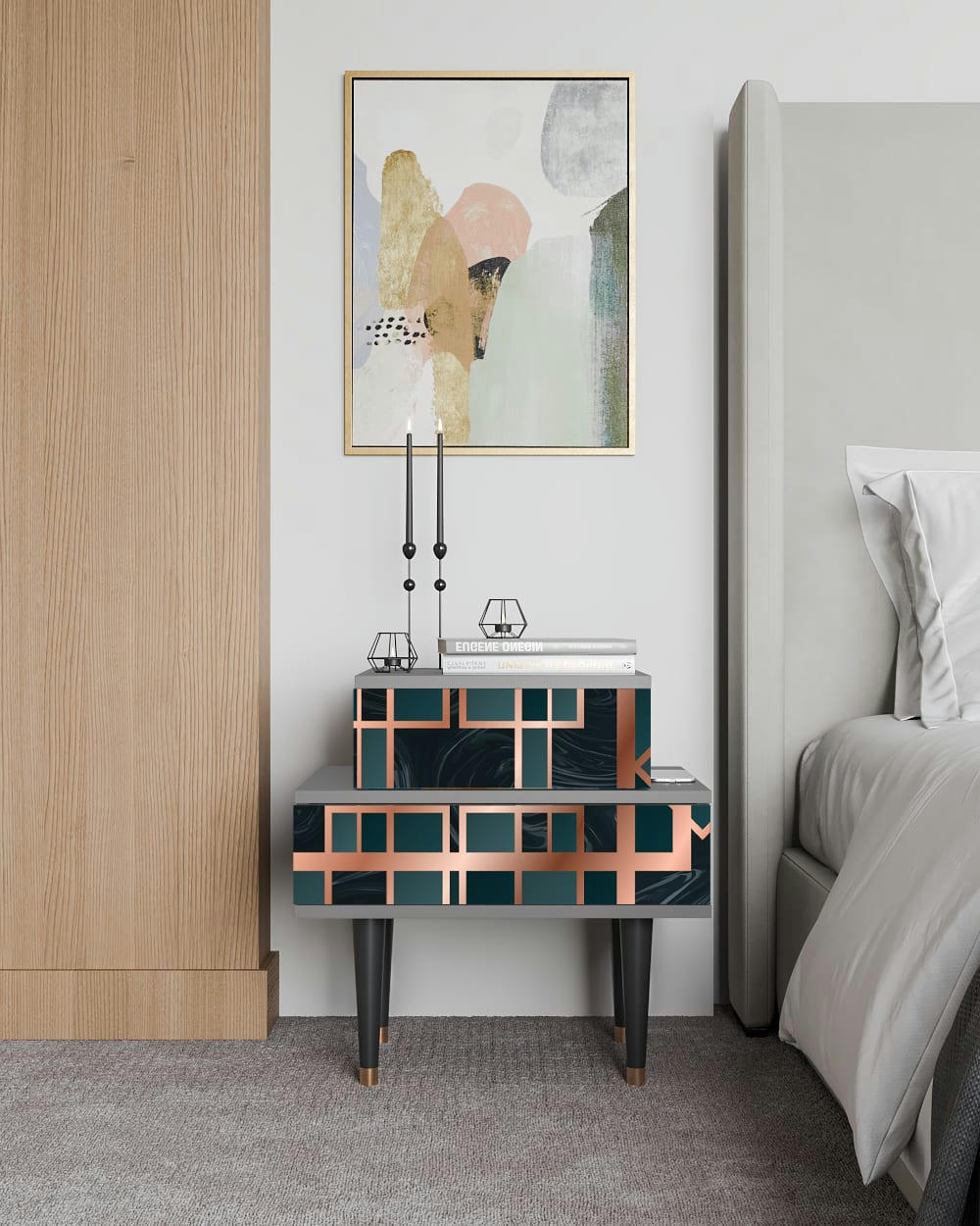 EMERALD METRO - Table de chevet bleu-vert 2 tiroirs L 58 cm