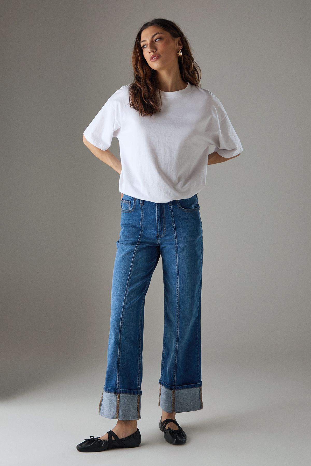 Warehouse Seam Detail Wide Leg Turn Up Denim Jean