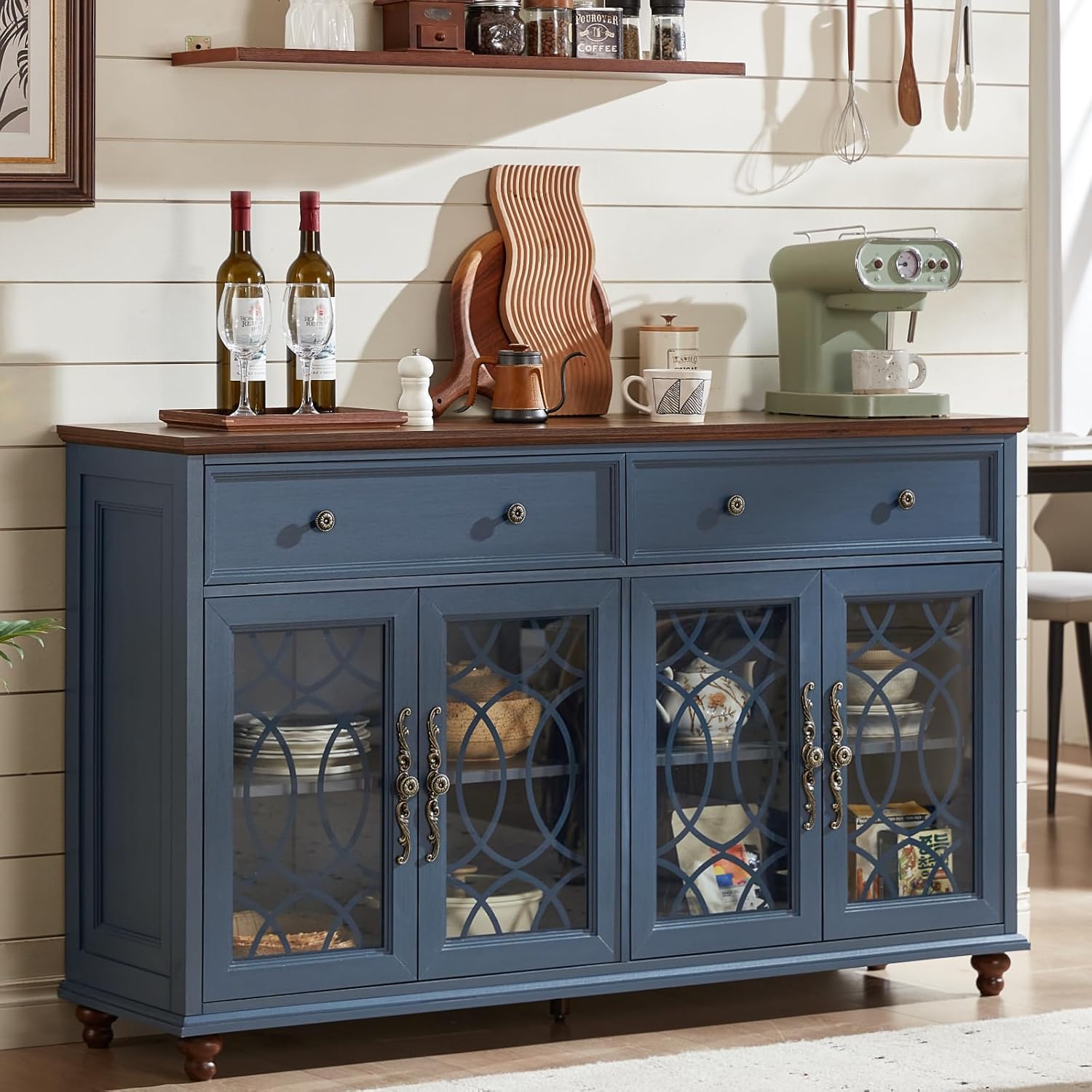 Joaxswe Farmhouse Sideboard Buffet Cabinet with Storage,59 Large Credenza with 4 Glass Doors & 2 Drawers,Adjustable Shelves Console Table,Wood Kitchen Coffee Bar for Dining Room,Living Room,Navy Blue