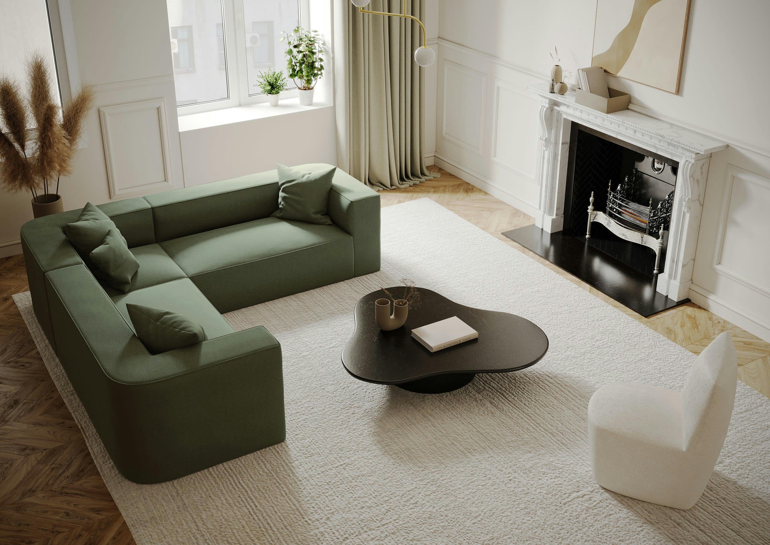 ALMA - Canapé d'angle symétrique tissu tramé vert olive