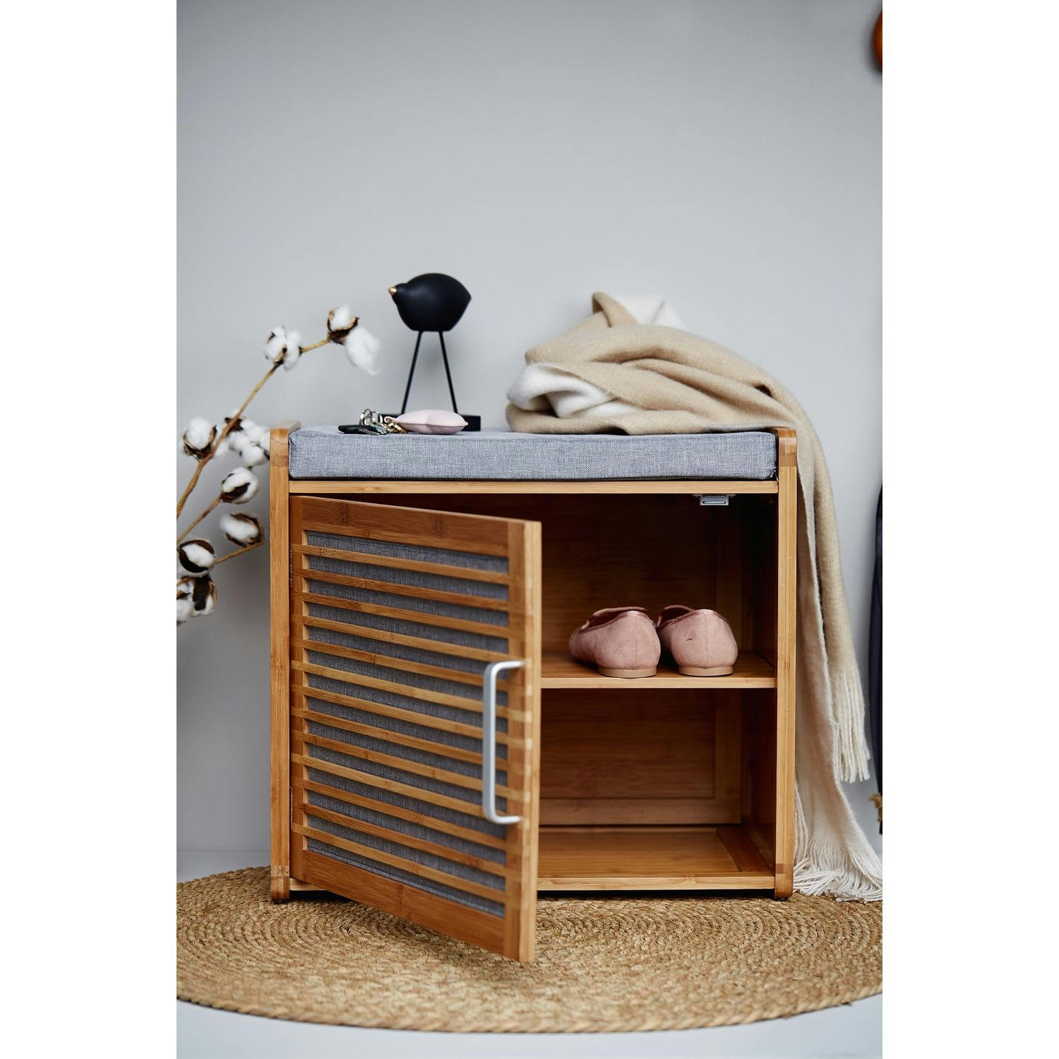 BAHARI - Banc armoire de salle de bain en bambou gris