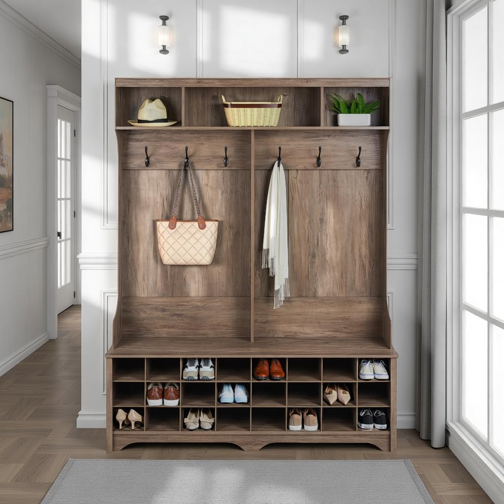 Prepac Gray Hall Tree, Shoe Cabinet, Storage Cabinet with 24 Shoe Cubbies and 6 Double Coat Hooks 15.5 D x 60 W x 77 H