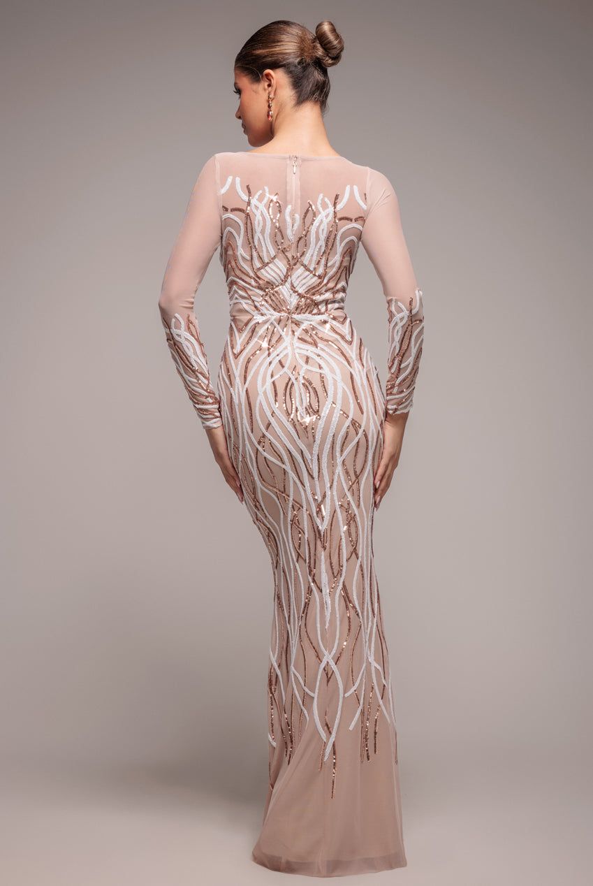 Goddiva Long Sleeve Sequin Flame Maxi Dress
