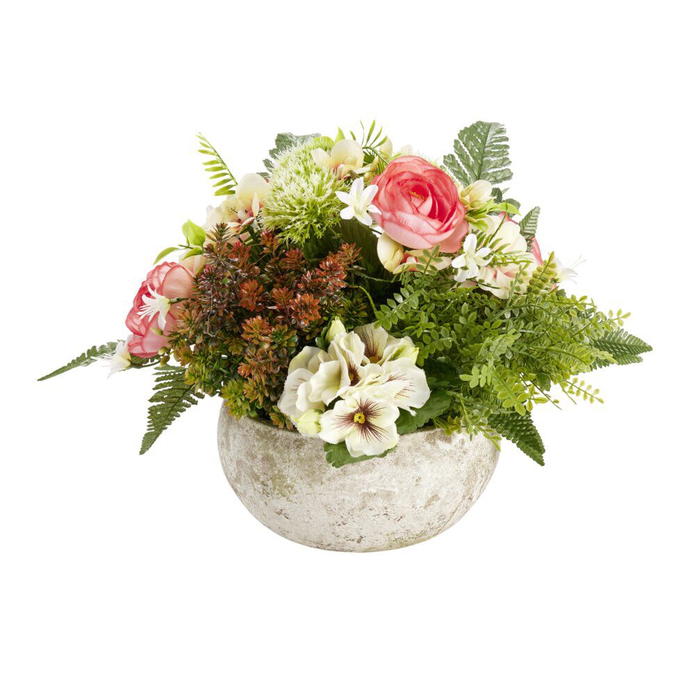 Composition florale artificielle multifleur rose saumon dans vasque Ø42xH33cm