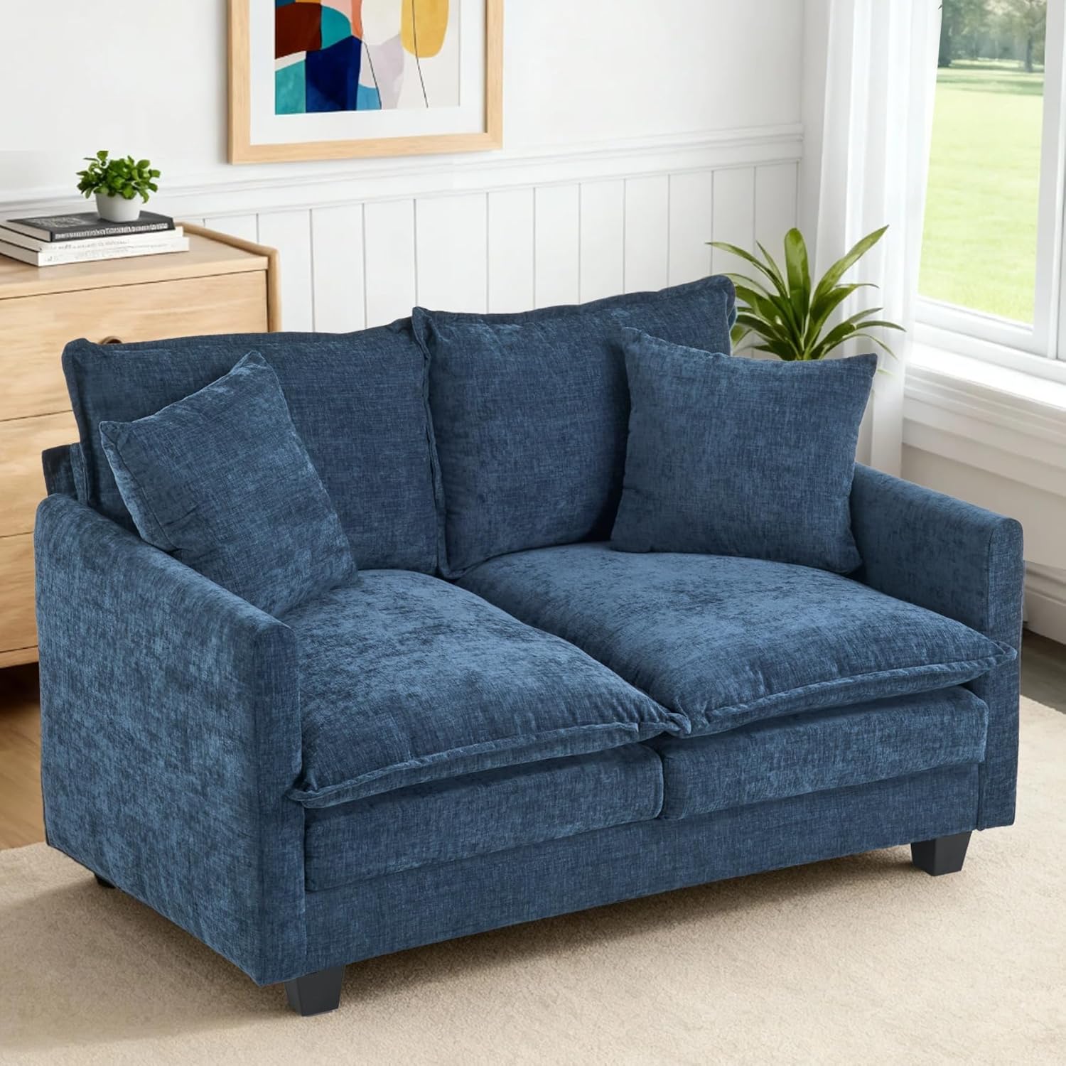 Loveseat Sofa Cloud Sofa Couch 50'', Modern Loveseats 2 Seat Couch 27 Deep Seat with 2 Pillows for Small Spaces Apartment Studio Office Bedroom Living Room 8834-BLUE-2
