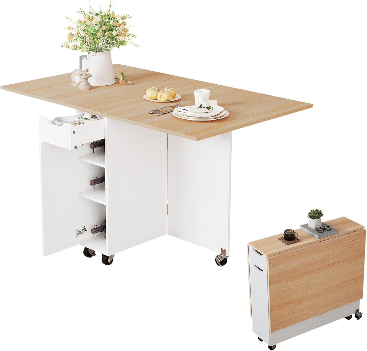 3imothrix Folding Dining Table, Dinner Table with Drawer and Storage and Shelves, Space Saving Dining Table with 6 Wheels, Kitchen Table for Small Spaces (Light Brown)