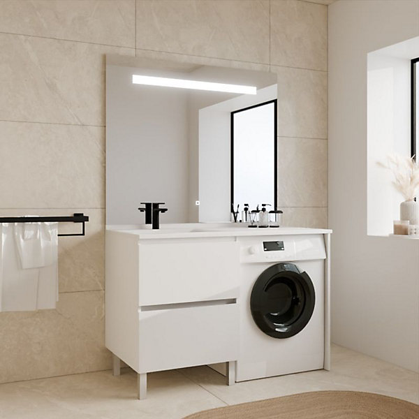 Meuble lave-linge IDEA, plan vasque déportée   Miroir Elégance h105- Blanc- Vasque à gauche