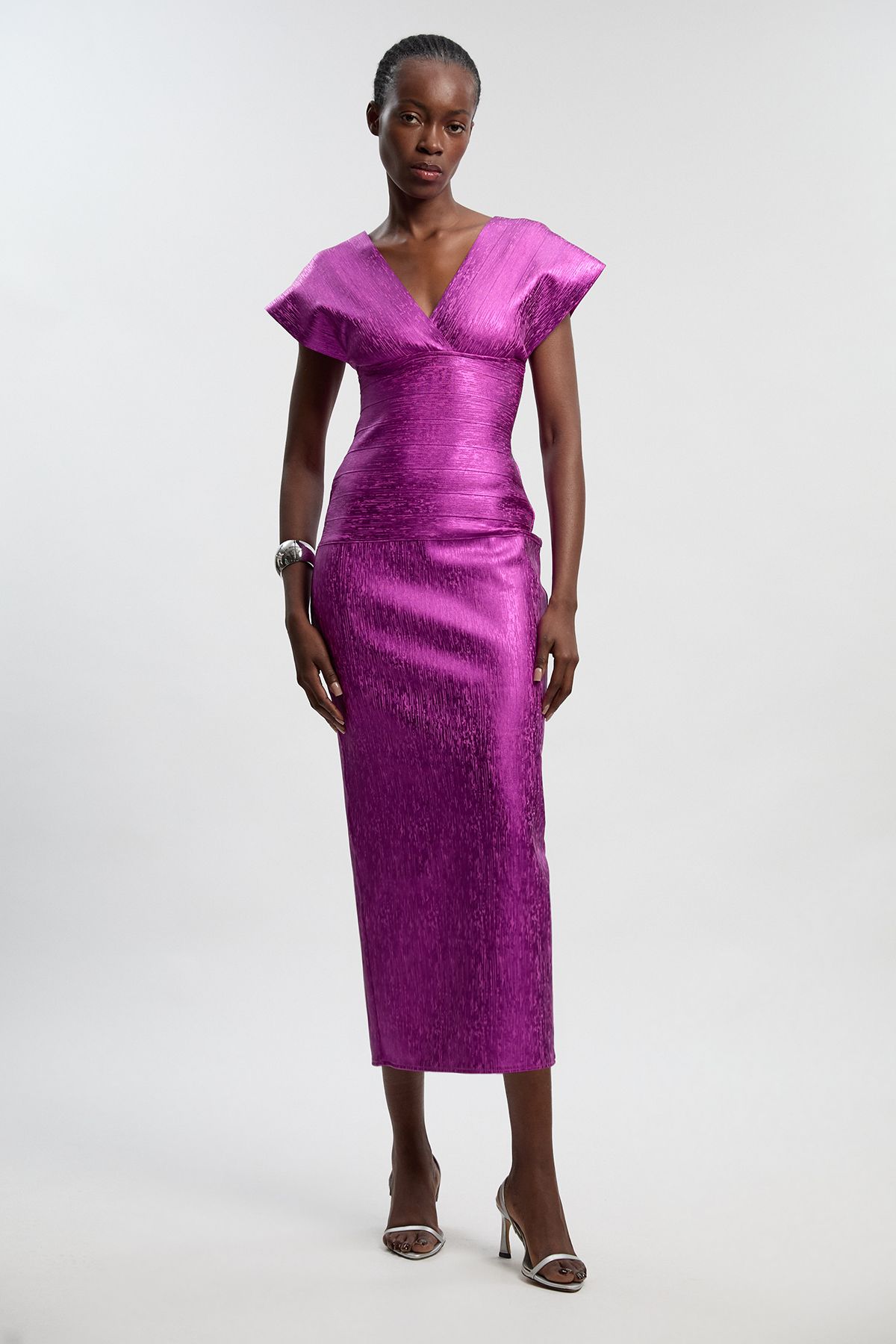 KarenMillen Petite Foil Metallic Figure Form Bandage Angel Sleeve Knit Maxi Dress