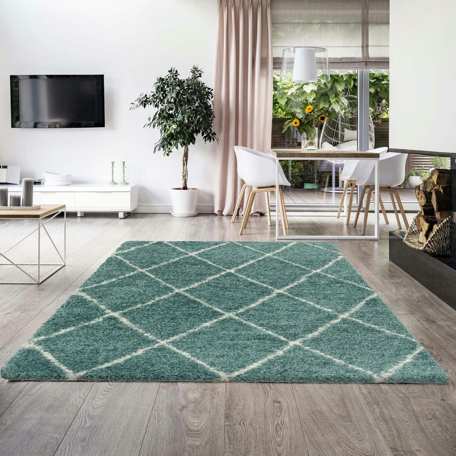 LOSANGES - Tapis de style géométrique turquoise et blanc 140x200cm