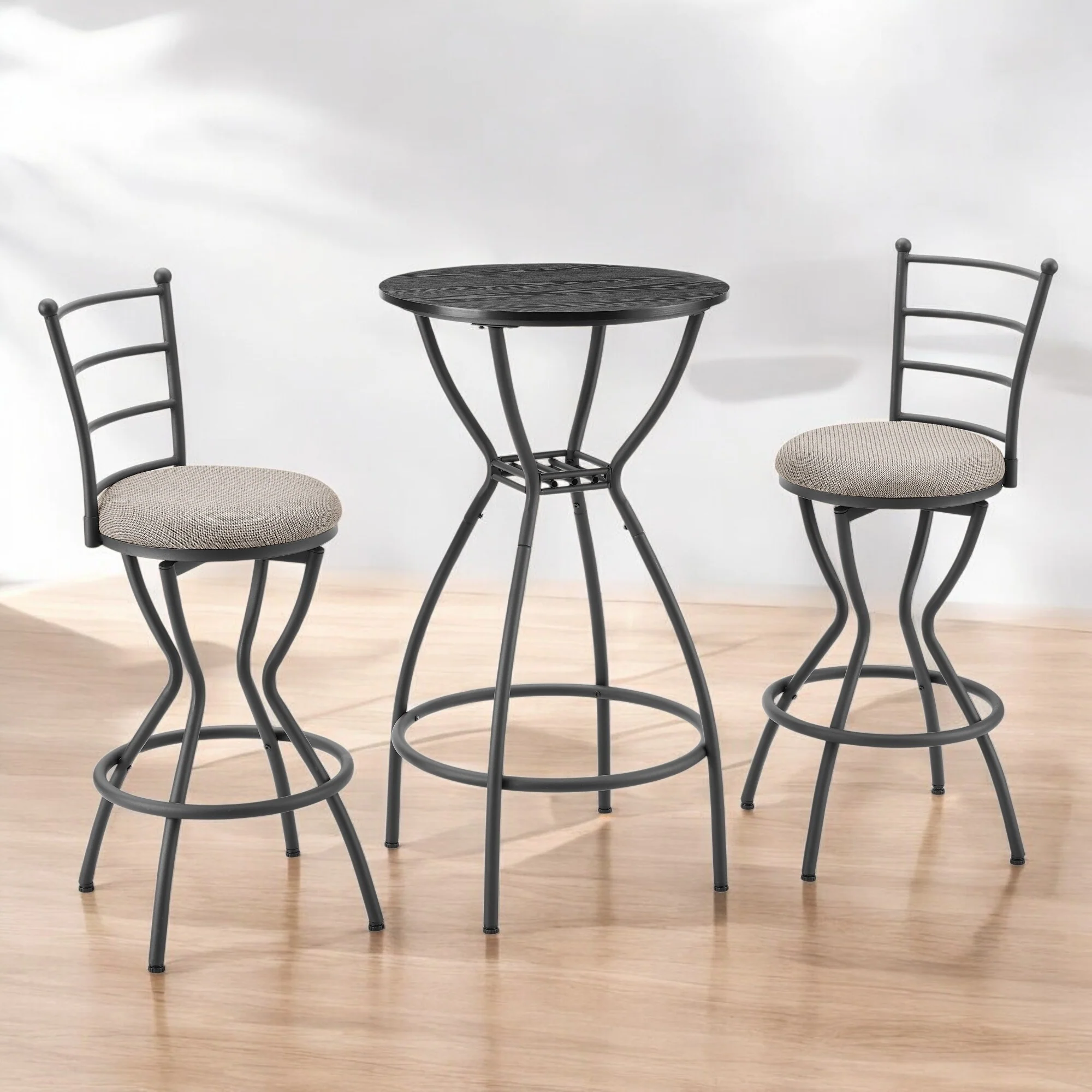3-Piece Counter Height Bar Table and Chairs Set for Dining Room and Kitchen, Swivel Fabric Stools with Metal Frame and Backrest
