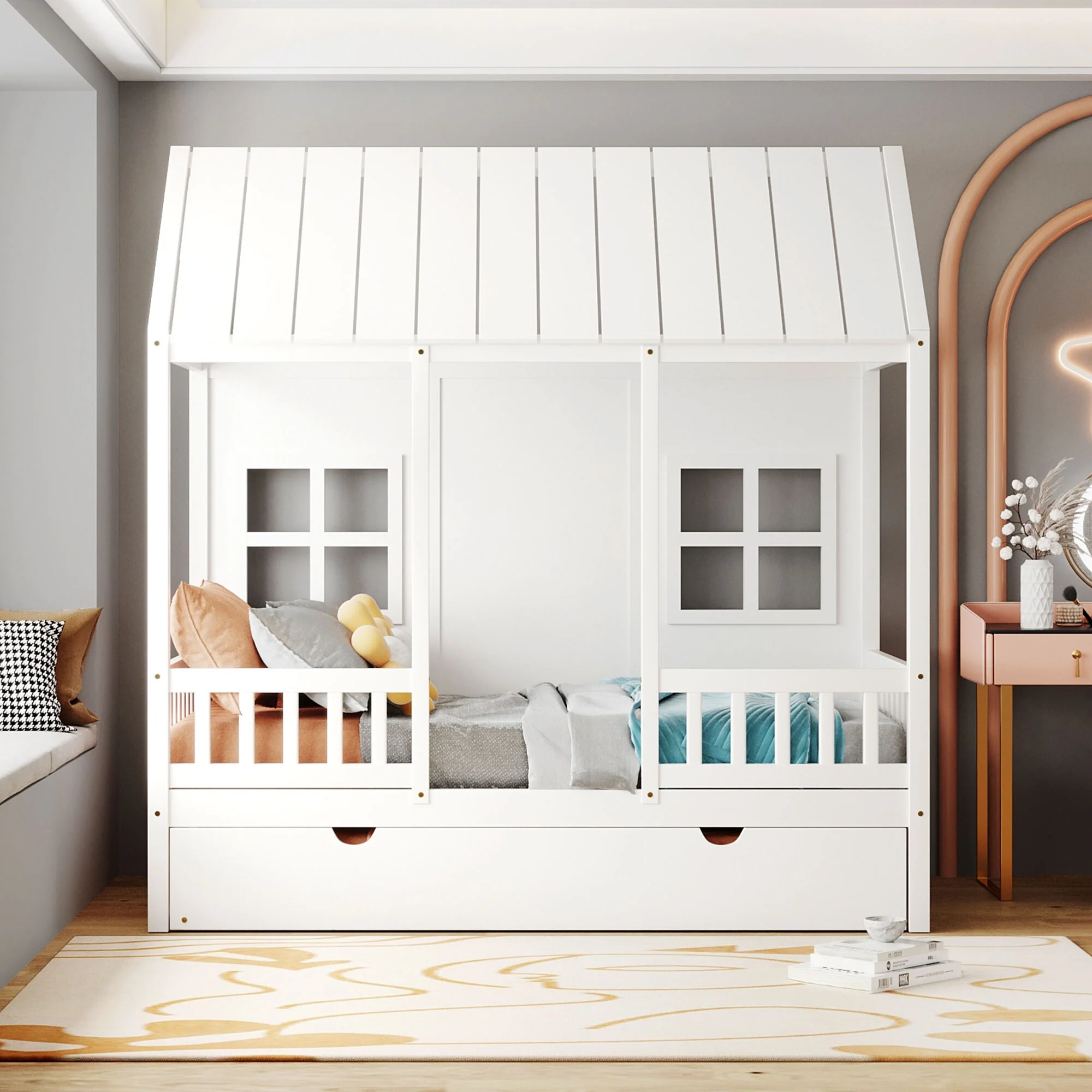 Playhouse-Inspired Twin Size House Bed with Trundle and Pine Wood Frame
