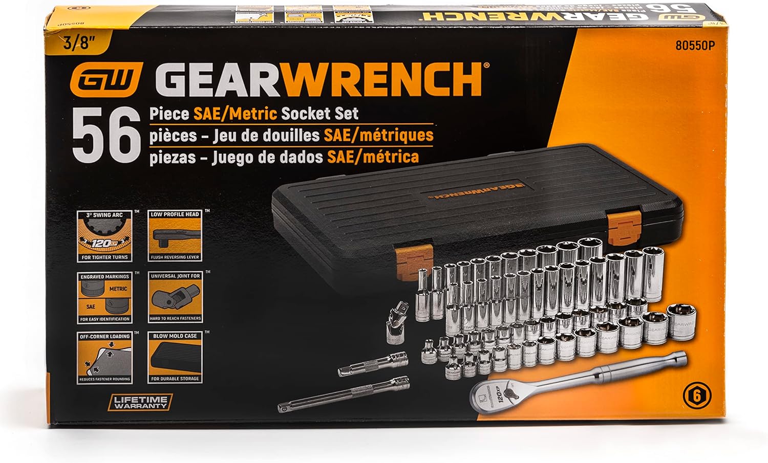 GEARWRENCH56 Pc. 3/8 Drive 6 Pt. 120XP Mechanics Tool Set, Standard & Deep, SAE/Metric - 80550P