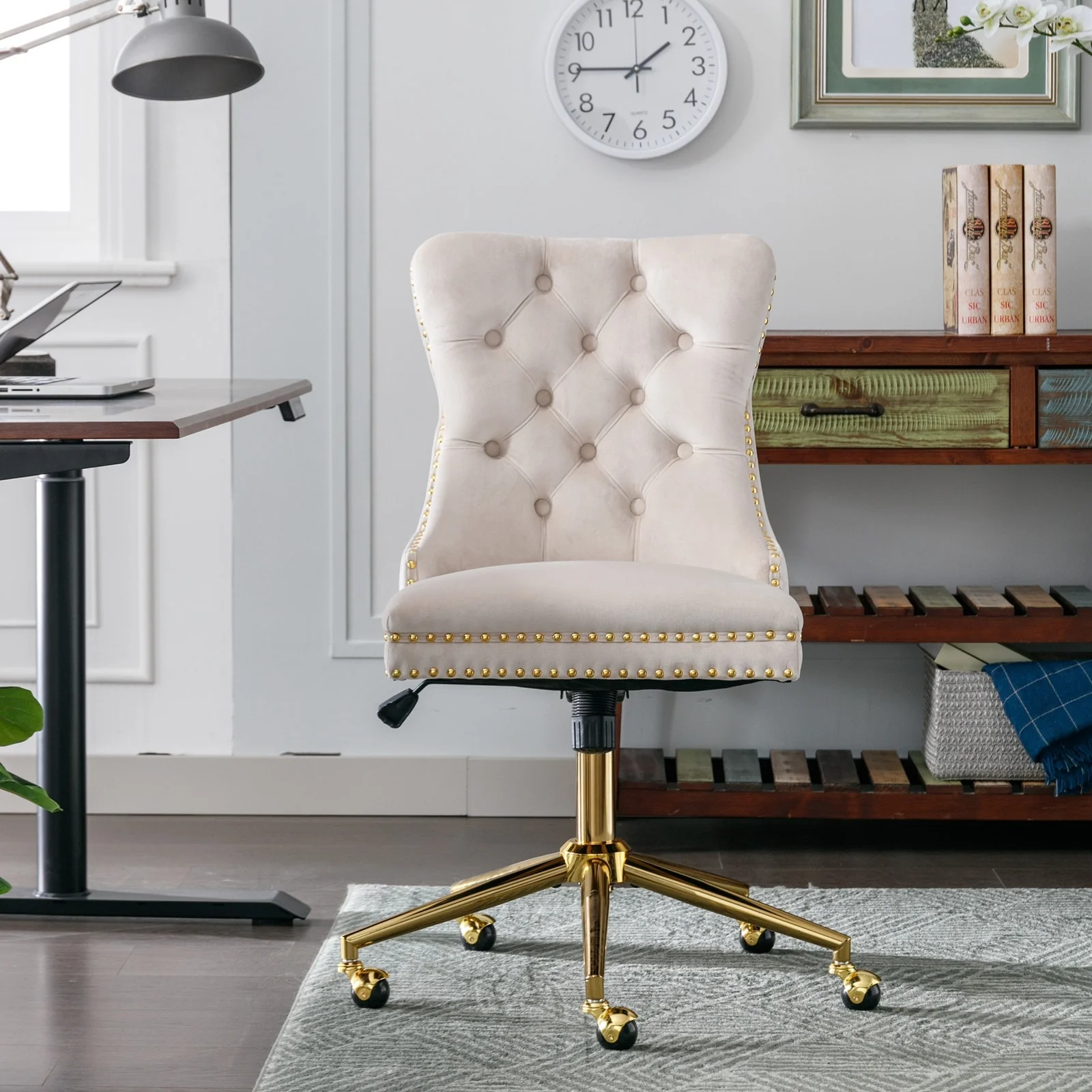 Velvet Tufted Button Gold Metal Base Adjustable Swivel Office Chair