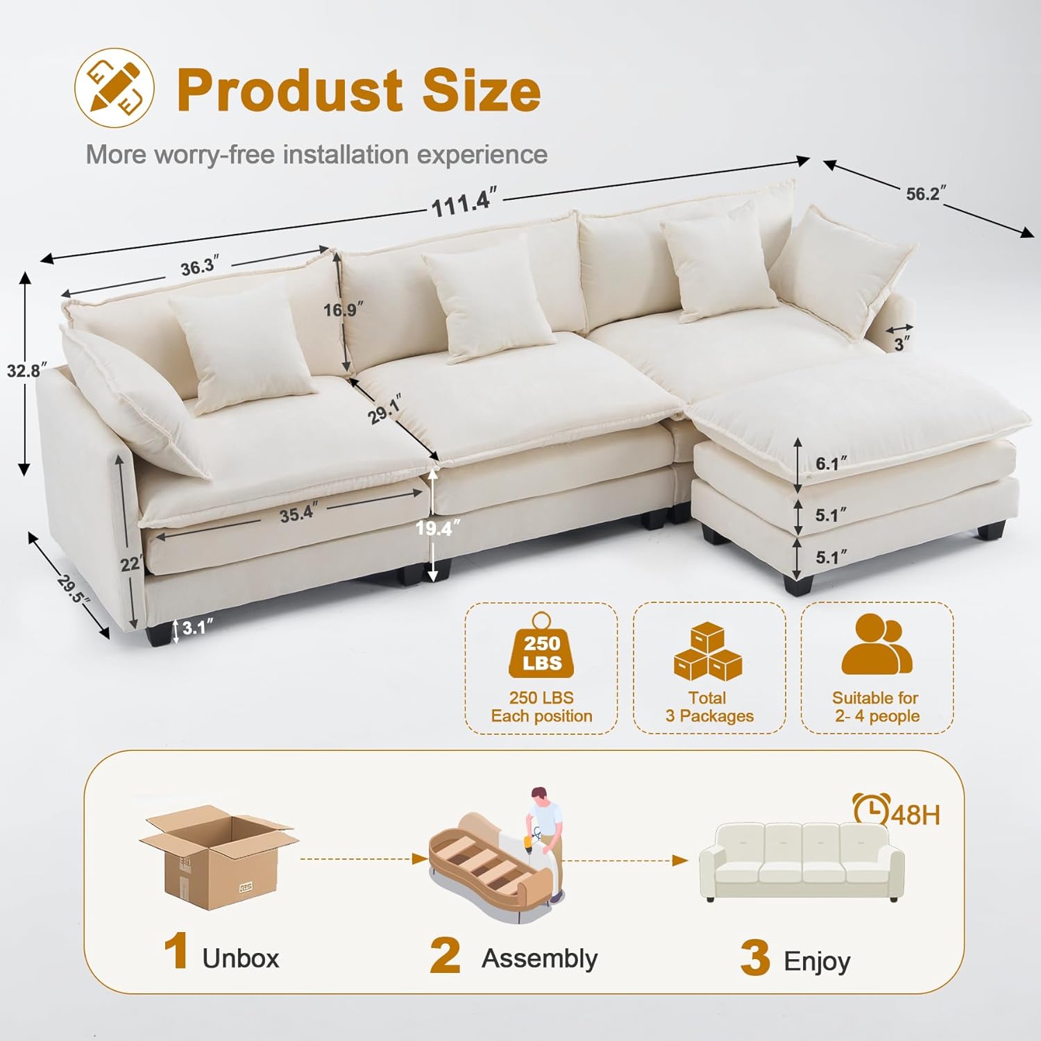111.4 Modular Sectional Sofa｜Comfy Cloud Couch with Movable Ottoman Deep Seat｜Chenille L Shaped Modular Sofa Sectional Couches for Living Room, Bedroom and Apartment｜Beige