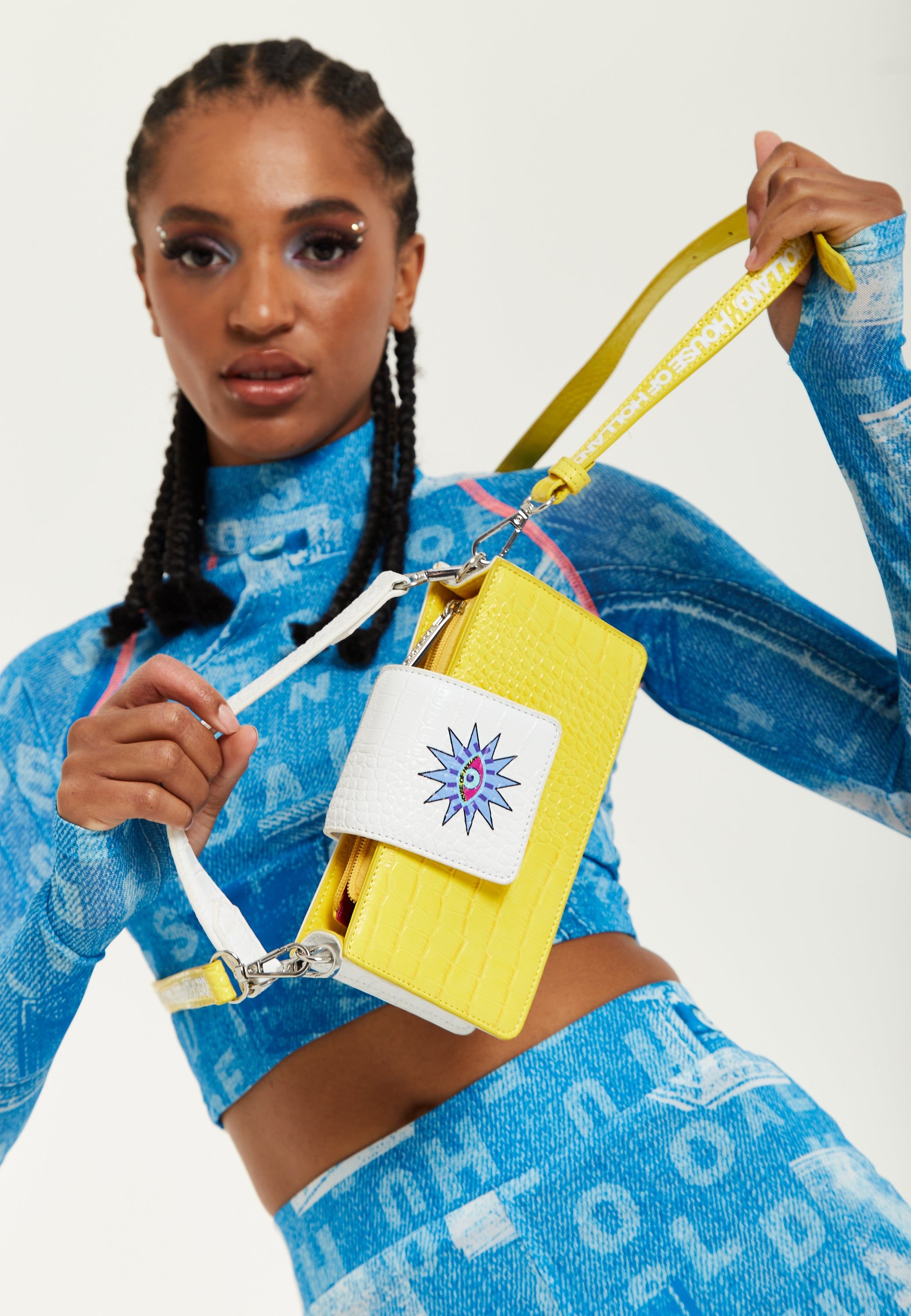 House of Holland Small Crossbody Bag In Yellow And White With Printed Logo