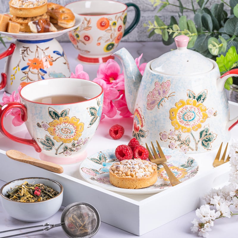 Theepot bloemen en vlinder - multikleur - 750 ml