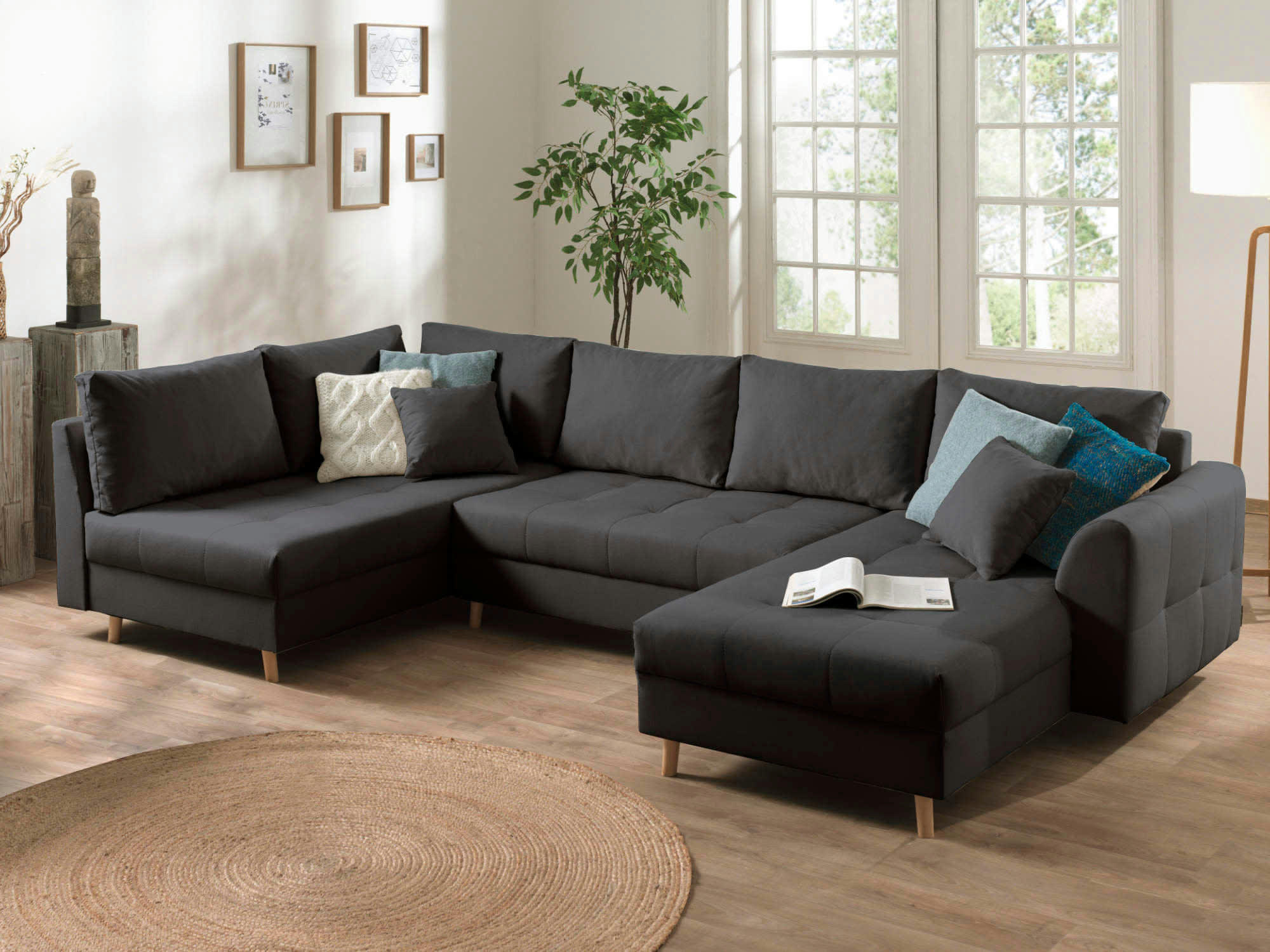 RUNE - Canapé panoramique 7 places angle gauche en tissu gris foncé