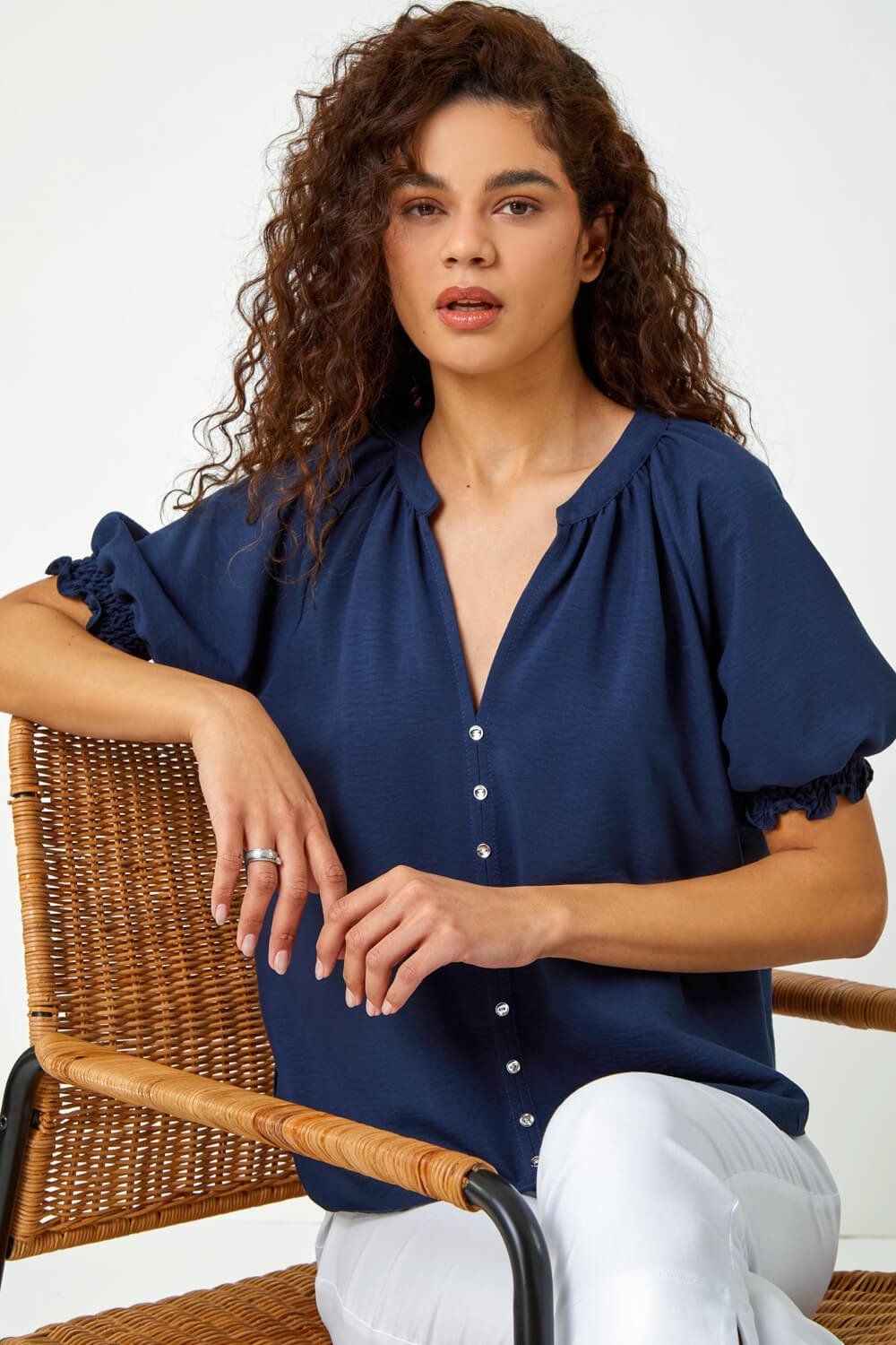 Roman Puff Sleeve Button Up Detail V-Neck Blouse