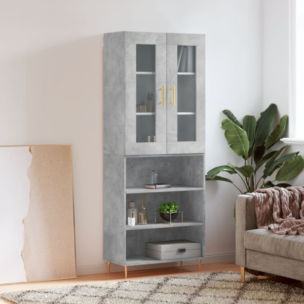 Szafka Regał Witrynka Szara Beton z Drzwiami Szklanymi 69.5x34x180 cm