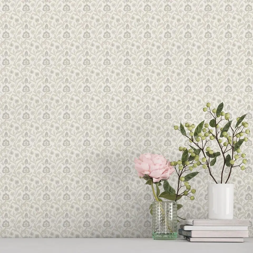 Sanders & Sanders behang bloemmotief beige en lichtgrijs - 53 cm x 10 m