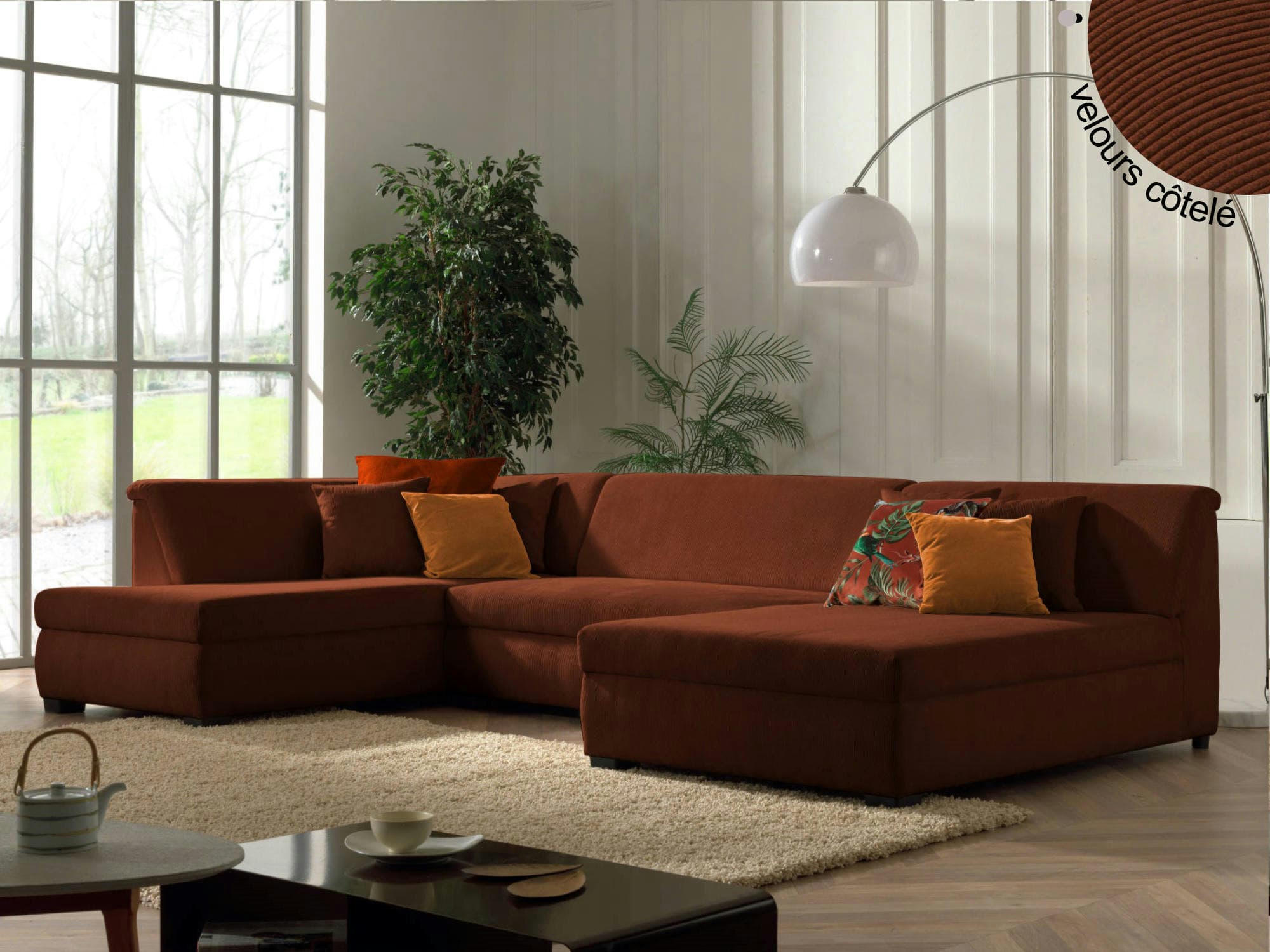 MALCOM - Canapé panoramique 7 places angle gauche en velours côtelé rouille