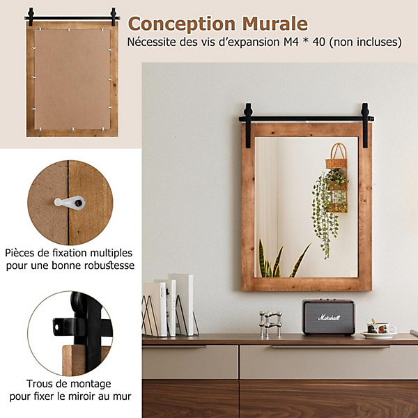 Miroir Mural Solide Miroir Décoratif Rectangulaire en Bois Sapin Verre de Haute Définition Support en Métal Brun