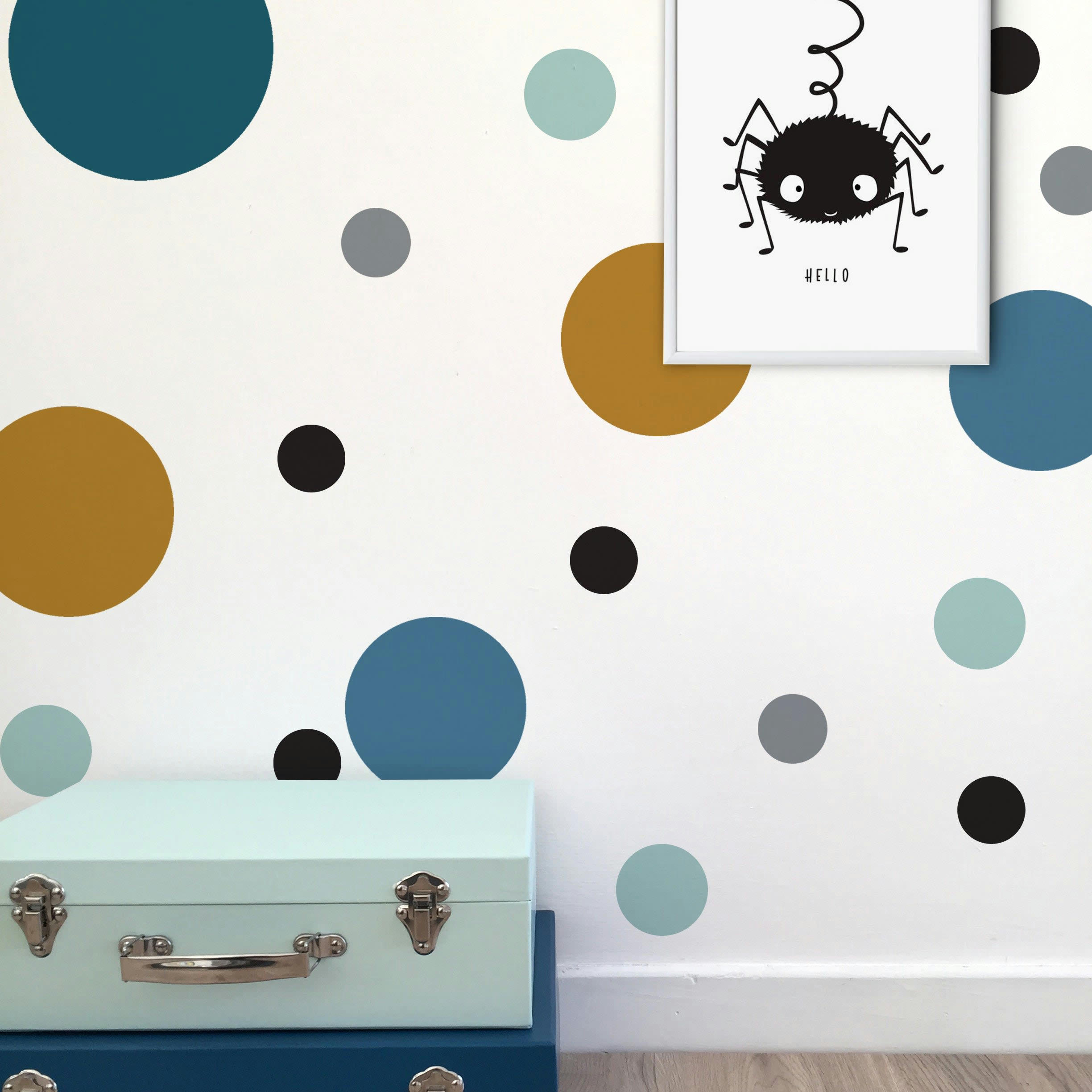 CIRCLES1 - Stickers muraux en vinyle rondes mix bleu et moutarde