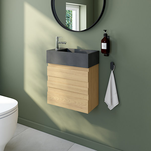 Ensemble meuble lave-mains Etty effet chêne l.44 cm   plan vasque lave-mains béton gris