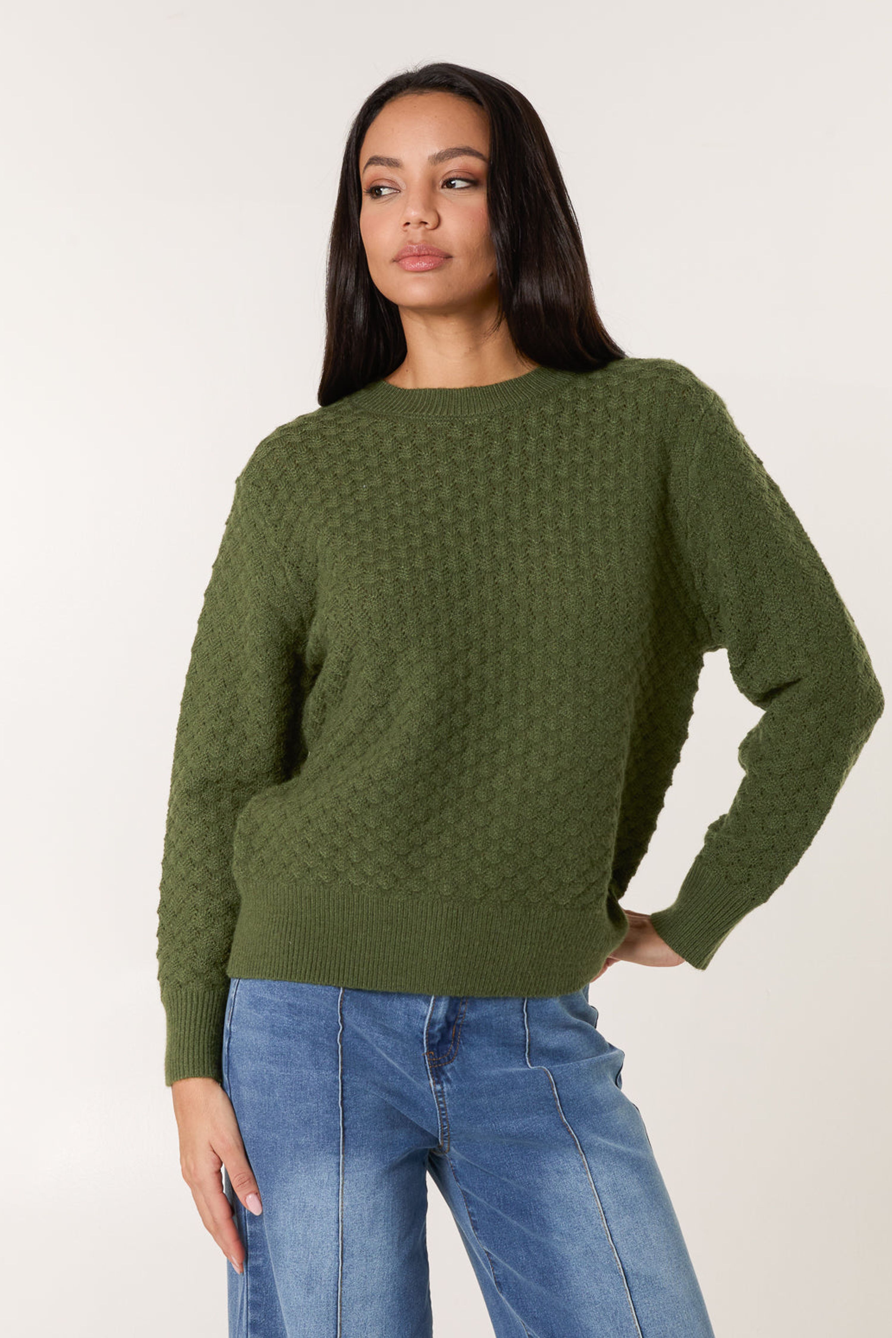 Blue Vanilla Khaki Textured Knit Jumper