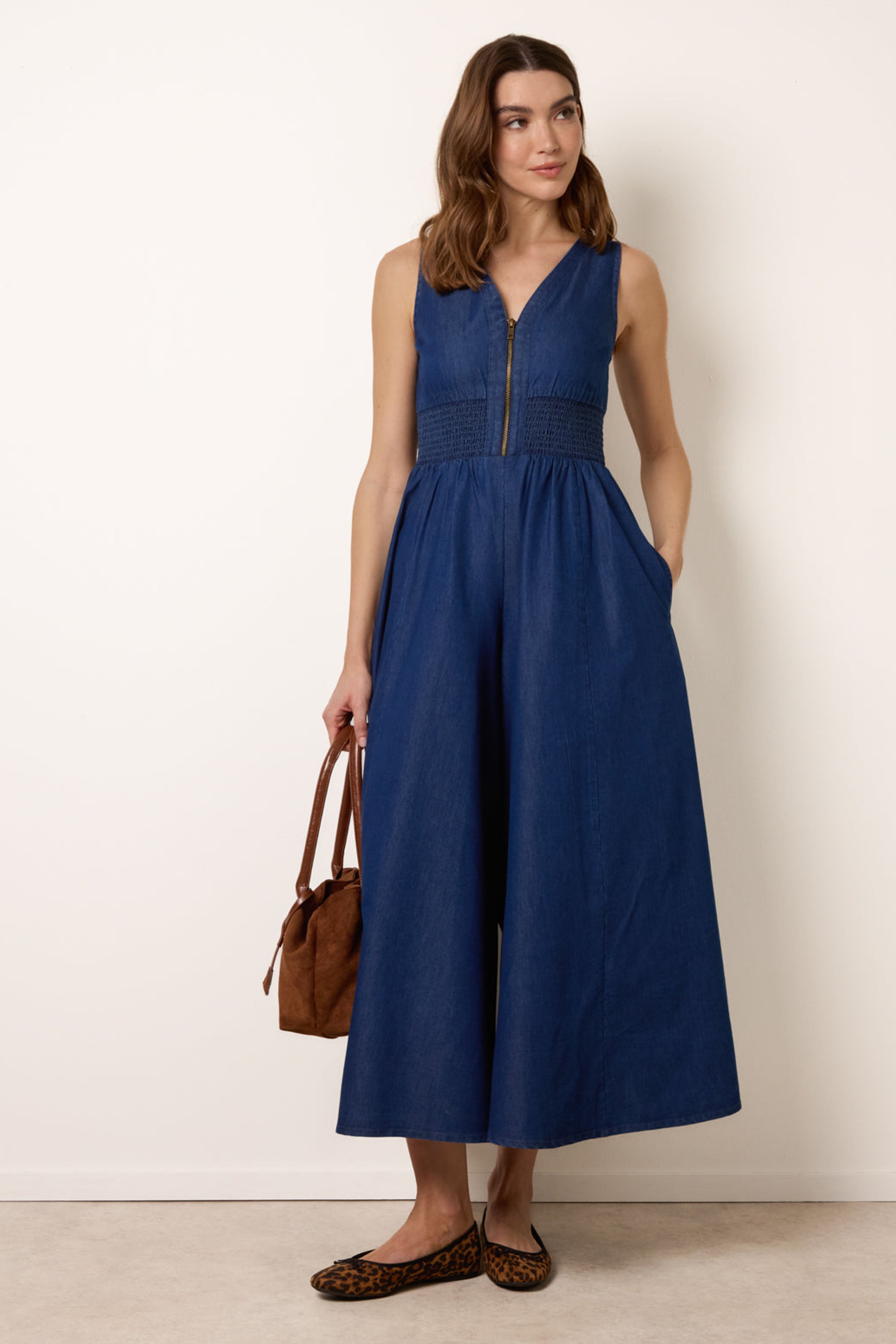 Blue Vanilla Dark Indigo Shirred Waist Zip Front Jumpsuit