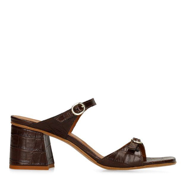 Bruine croco leren sandalen met hak