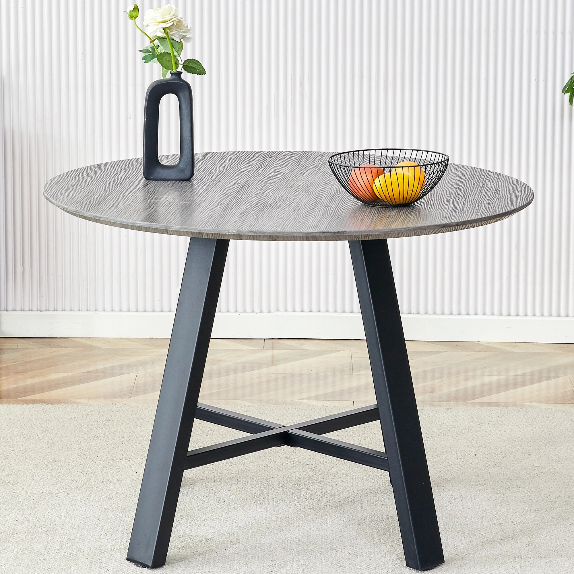 Modern minimalist round dining table and end table. 42 diameter table top, wood grain table top, metal table legs