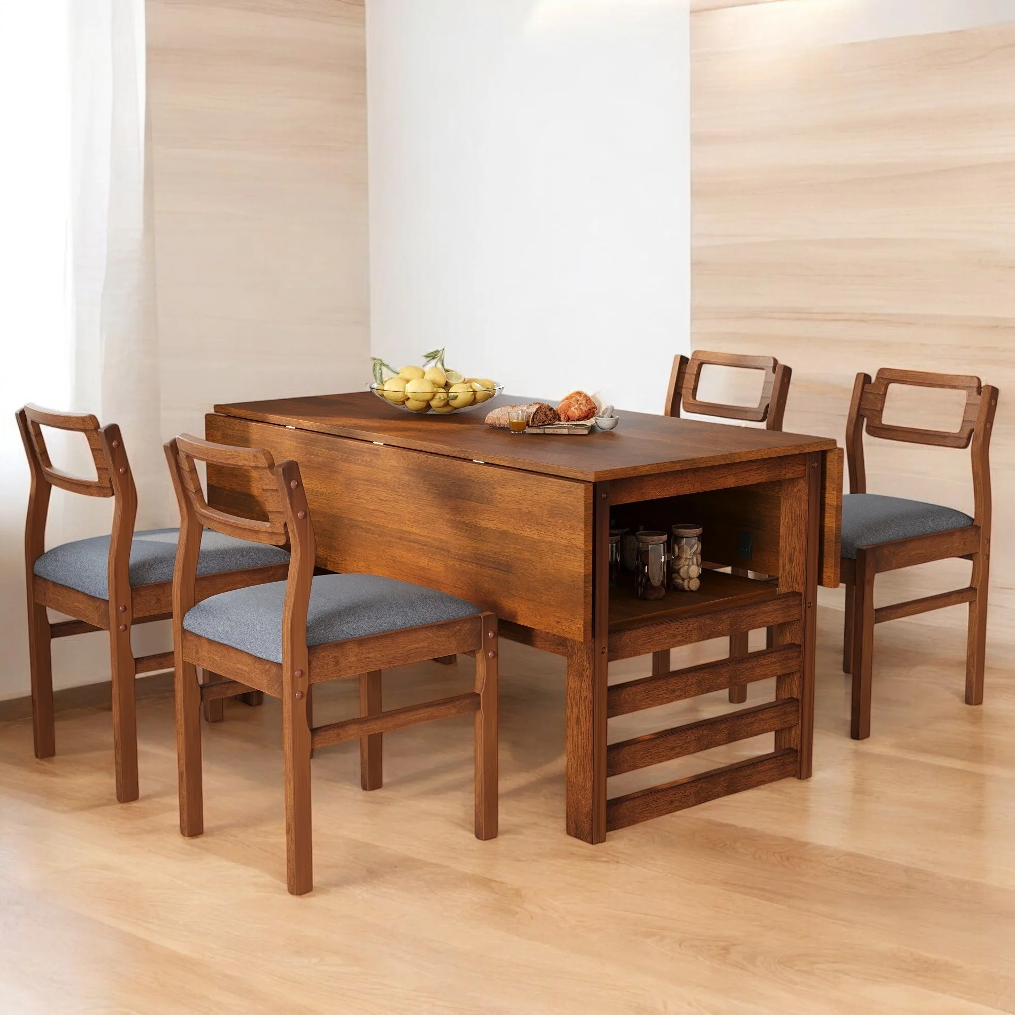 Modern 5-Piece Extendable Dining Table Set with Drop Leaves, Storage Shelf, and Upholstered Chairs for Dining Room