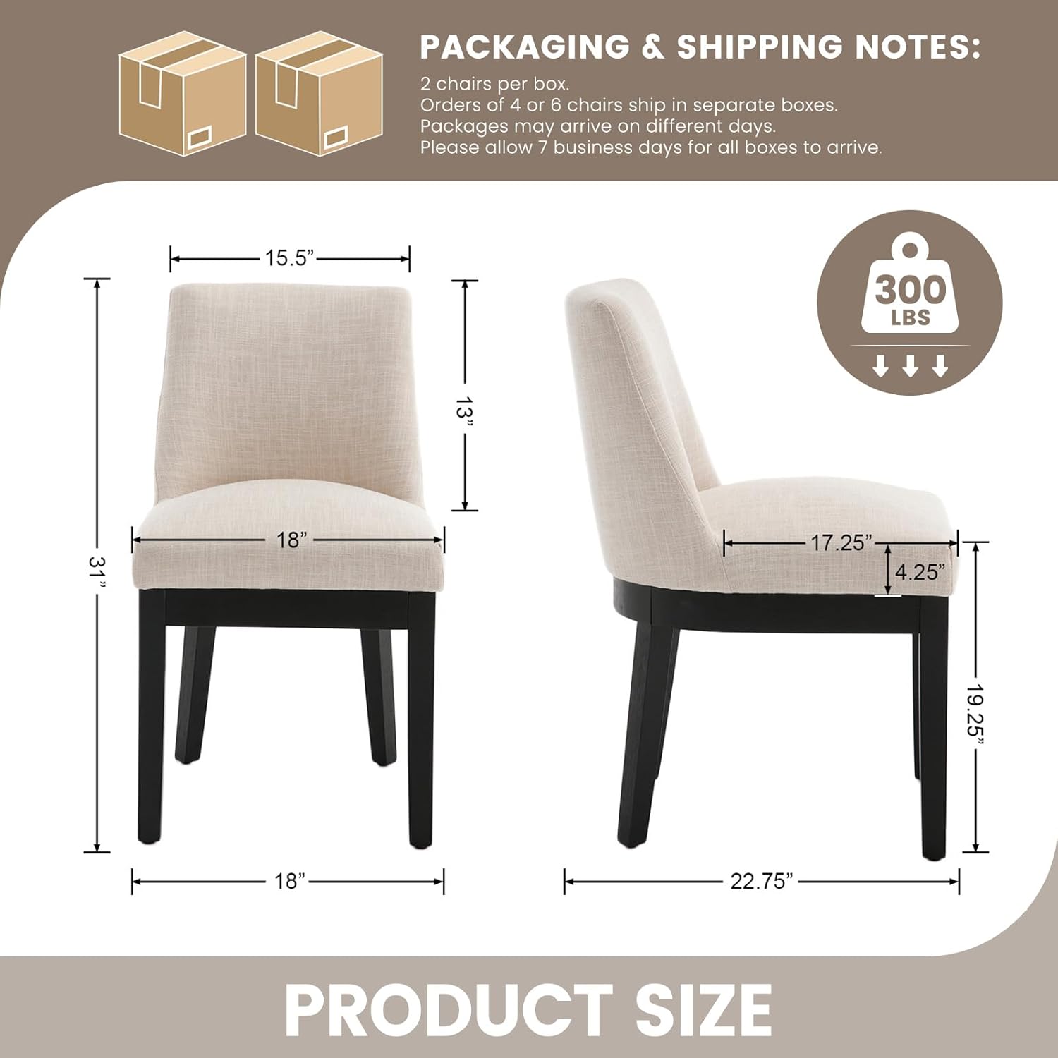 RIVOVA Modern Dining Chairs Set of 2 Comfortable Dining Room Chairs with Back, Linen Fabric Upholstered Kitchen Side Chair with Black Wood Legs for Living Room, Beige