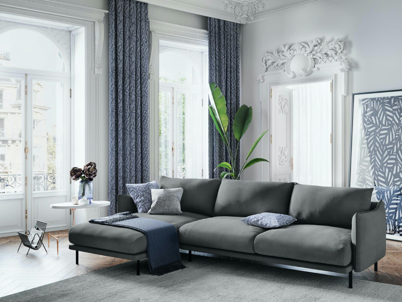 PARIS - Canapé D'Angle Gauche 5 places en Velours Gris Clair