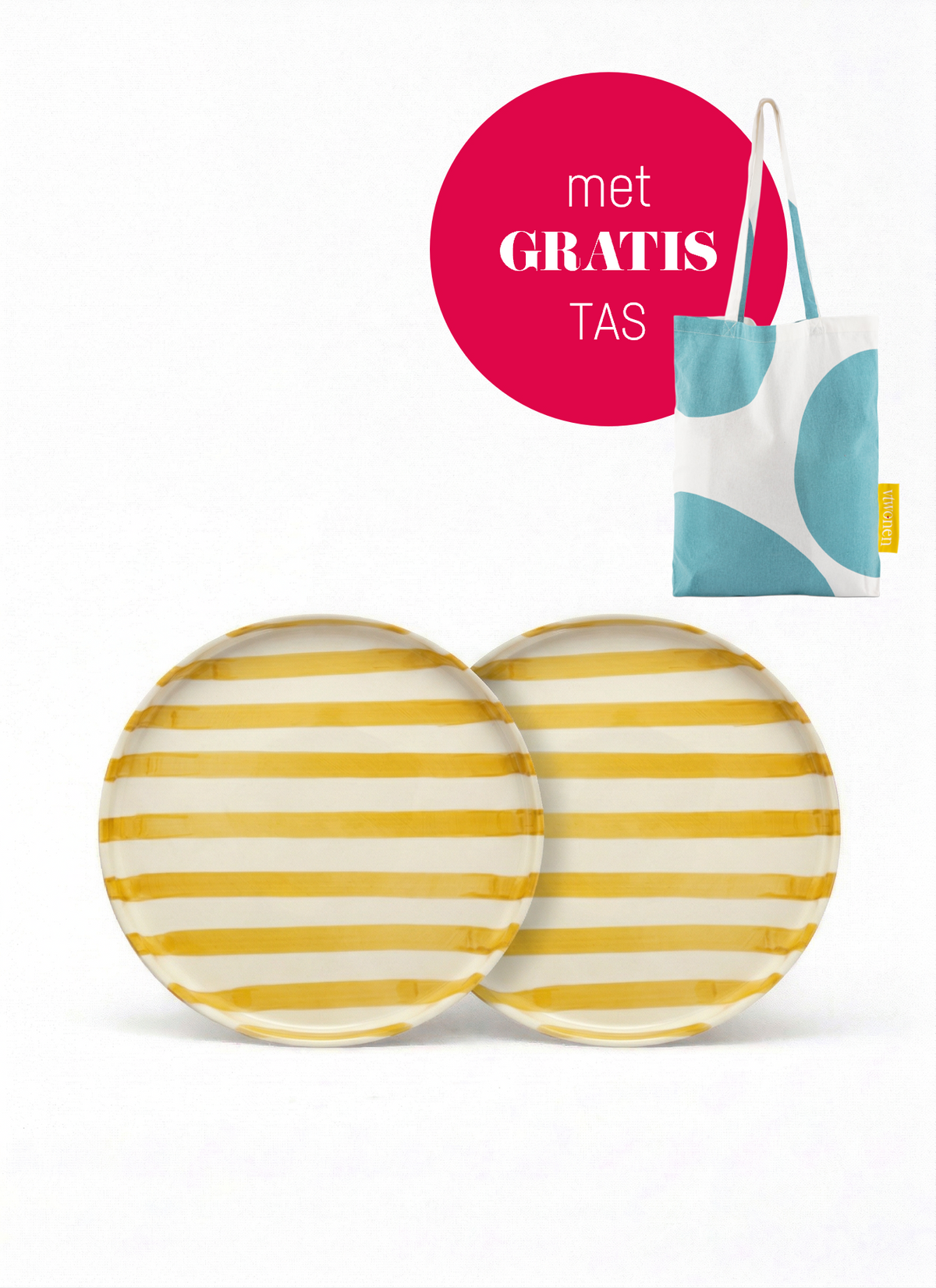 vtwonen - Lunchbord - Strepen - Geel - Set van 2 - Keramiek - 20cm