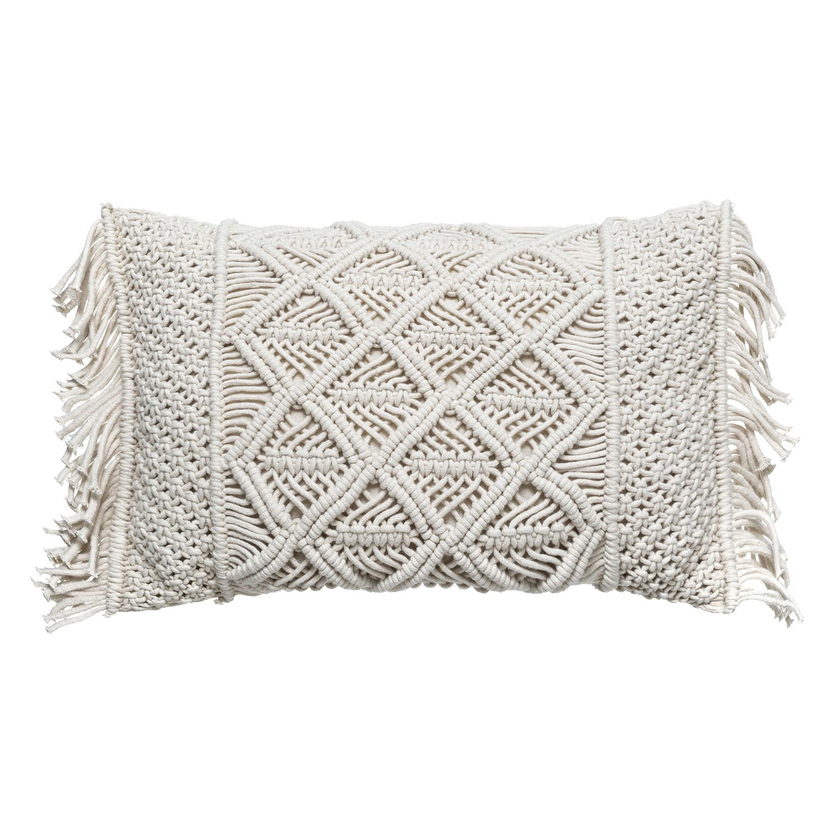 - Coussin macramé à franges coton ivoire 30x50 cm